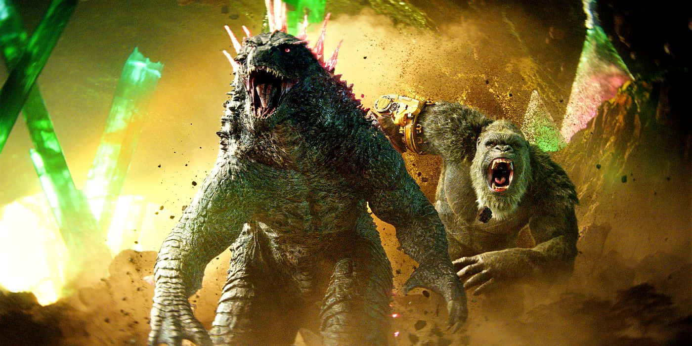 Godzilla Vs Kong 2021, epic battle, glowing green crystals, HD Desktop Wallpaper