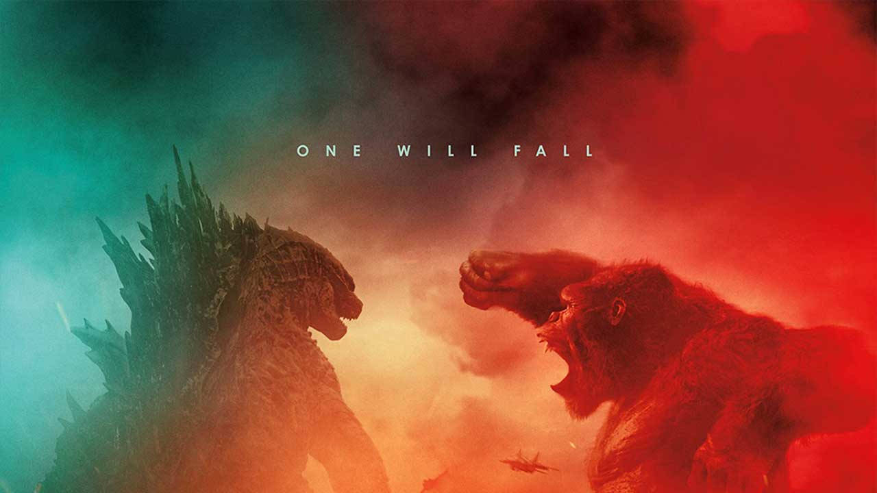 Godzilla, Kong, split teal and red sky, HD Desktop Wallpaper