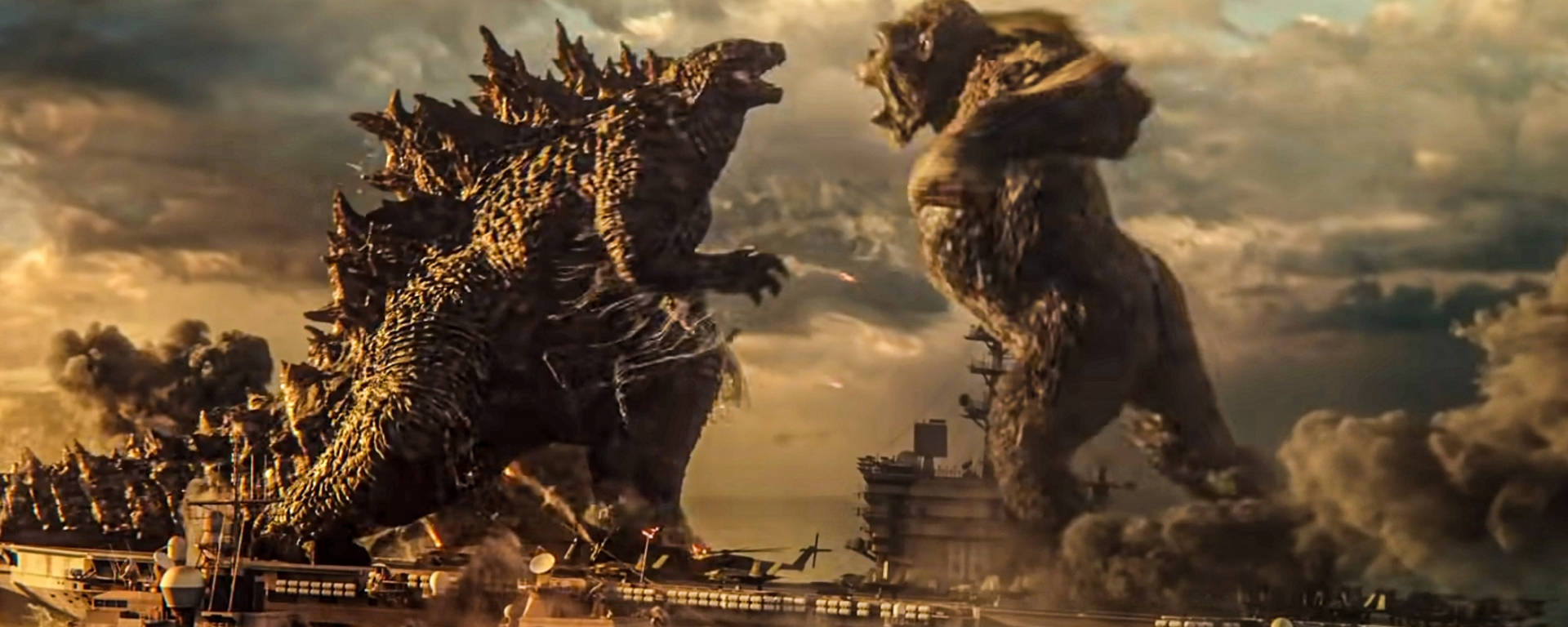 Godzilla, Kong, war-torn cityscape, Full HD Desktop Wallpaper