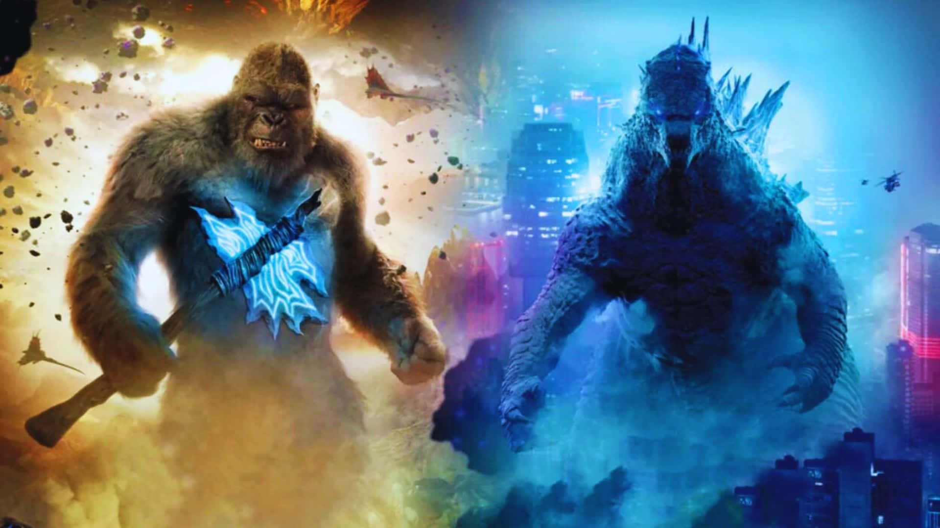 Kong, Godzilla, glowing blue axe, Full HD Desktop Wallpaper