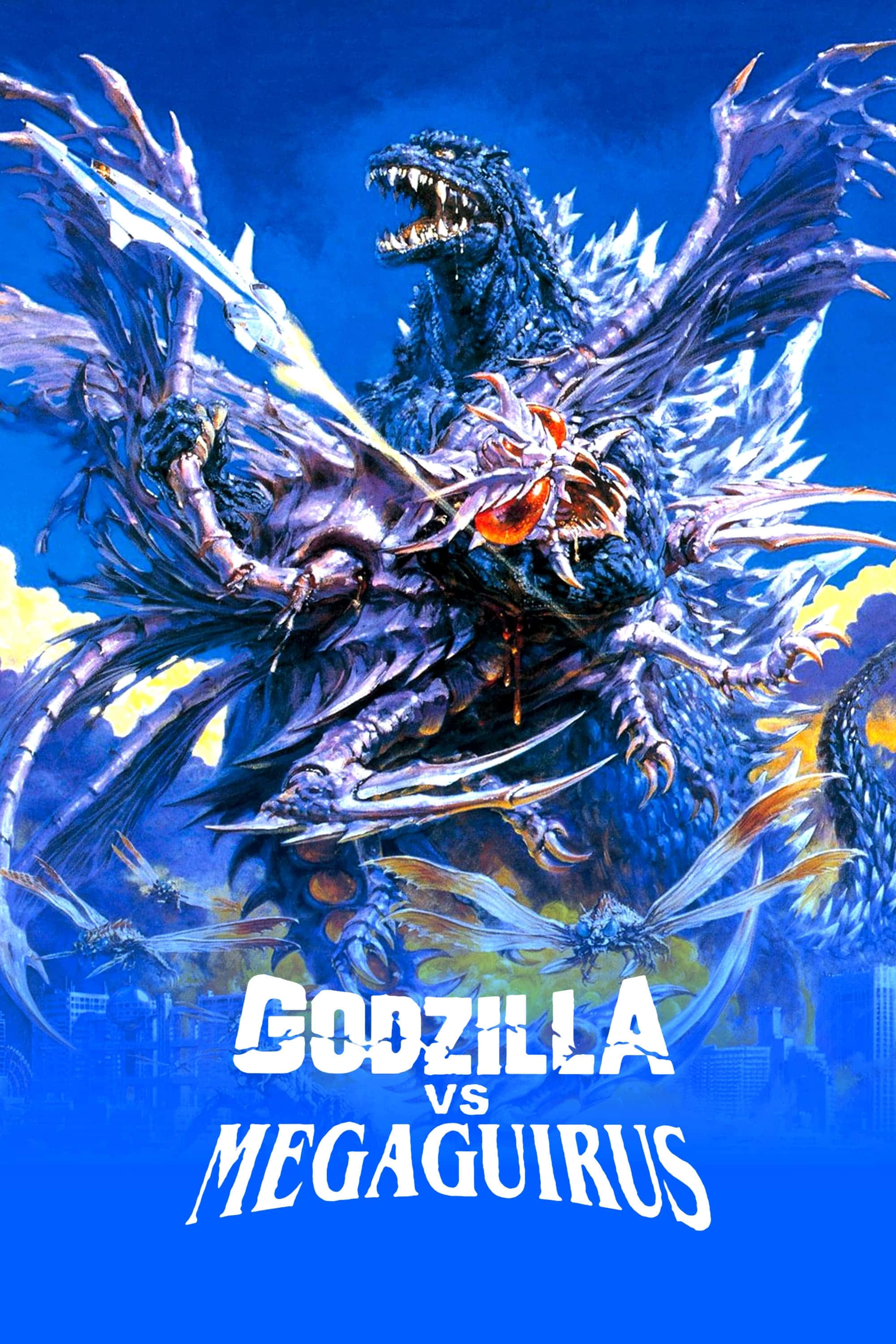 Godzilla, Megaguirus, vibrant blue sky, 2K Phone Wallpaper