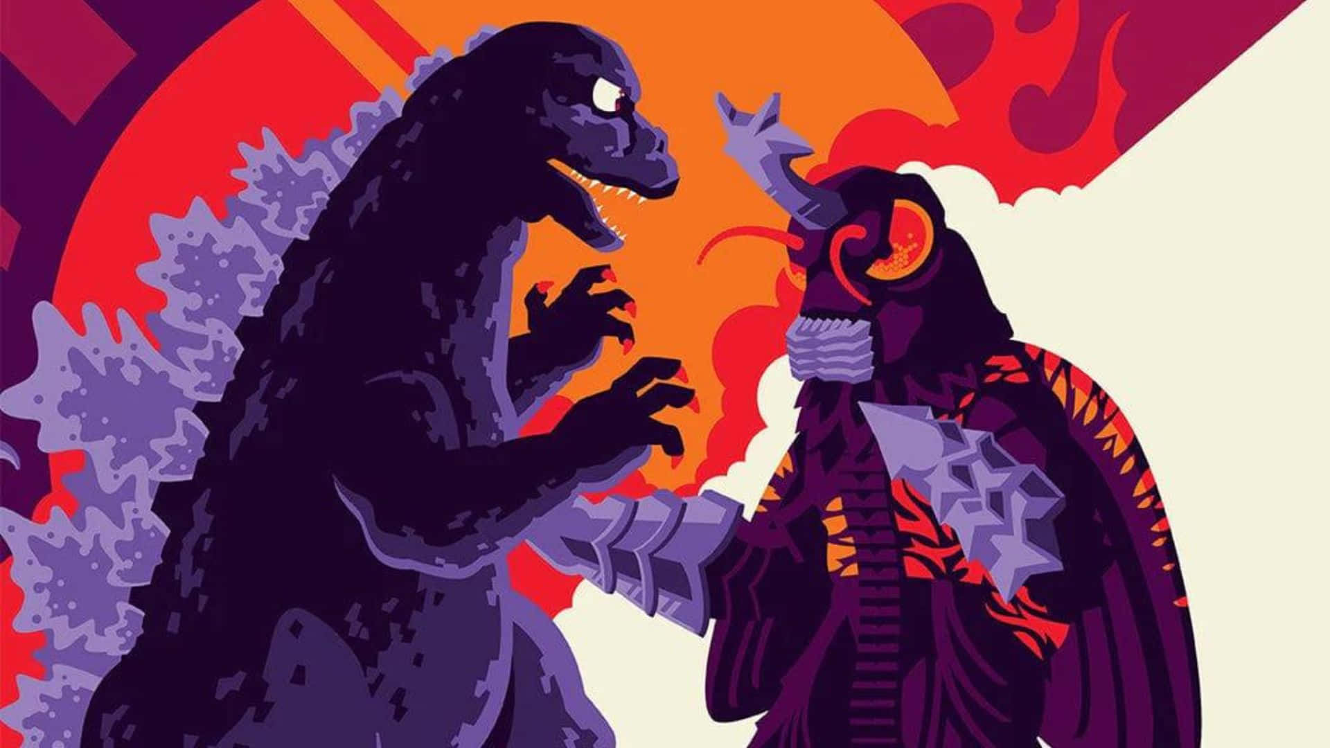 Godzilla, Megalon, fiery orange and purple sunset, Full HD Desktop Wallpaper