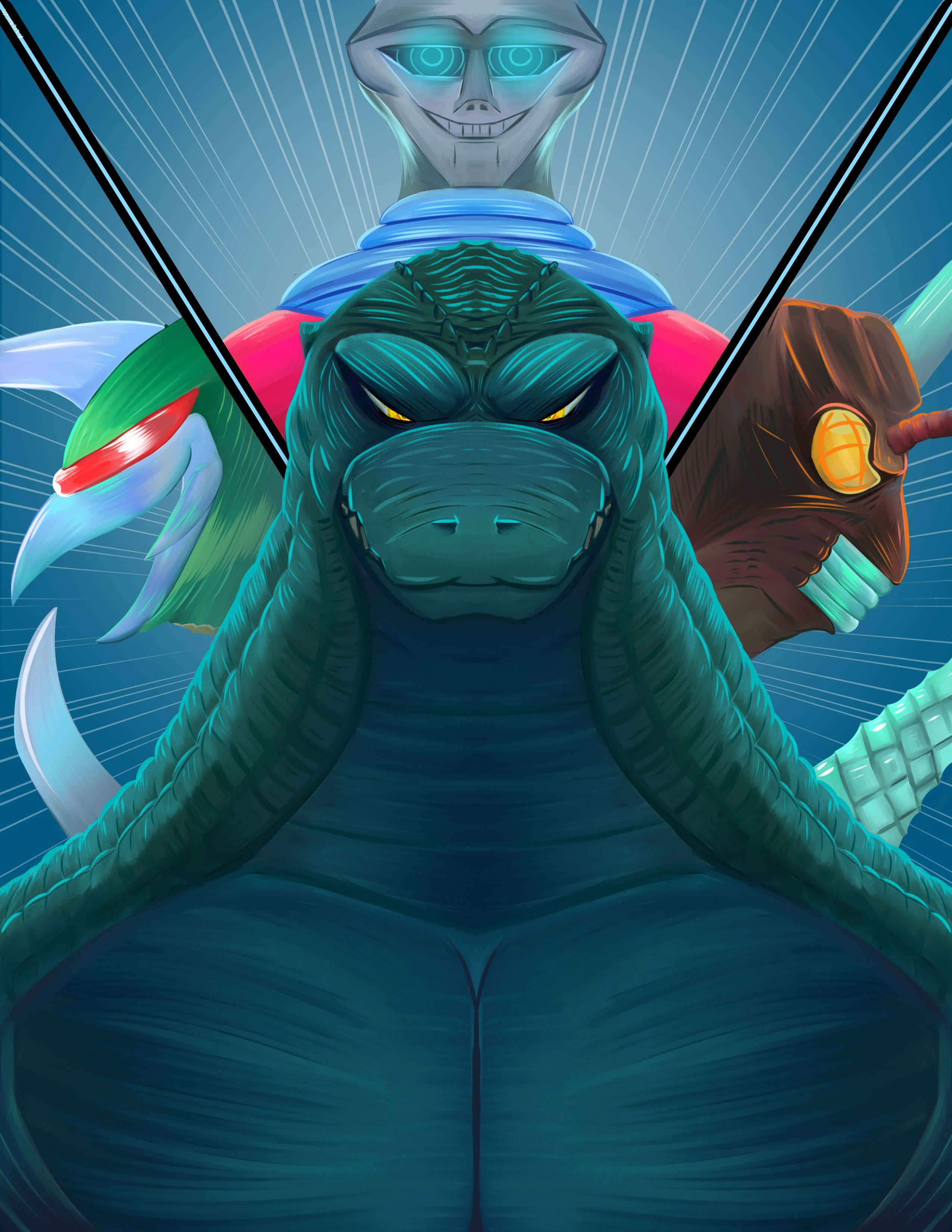 Godzilla, teal-skinned, glowing yellow eyes, 2K Phone Wallpaper
