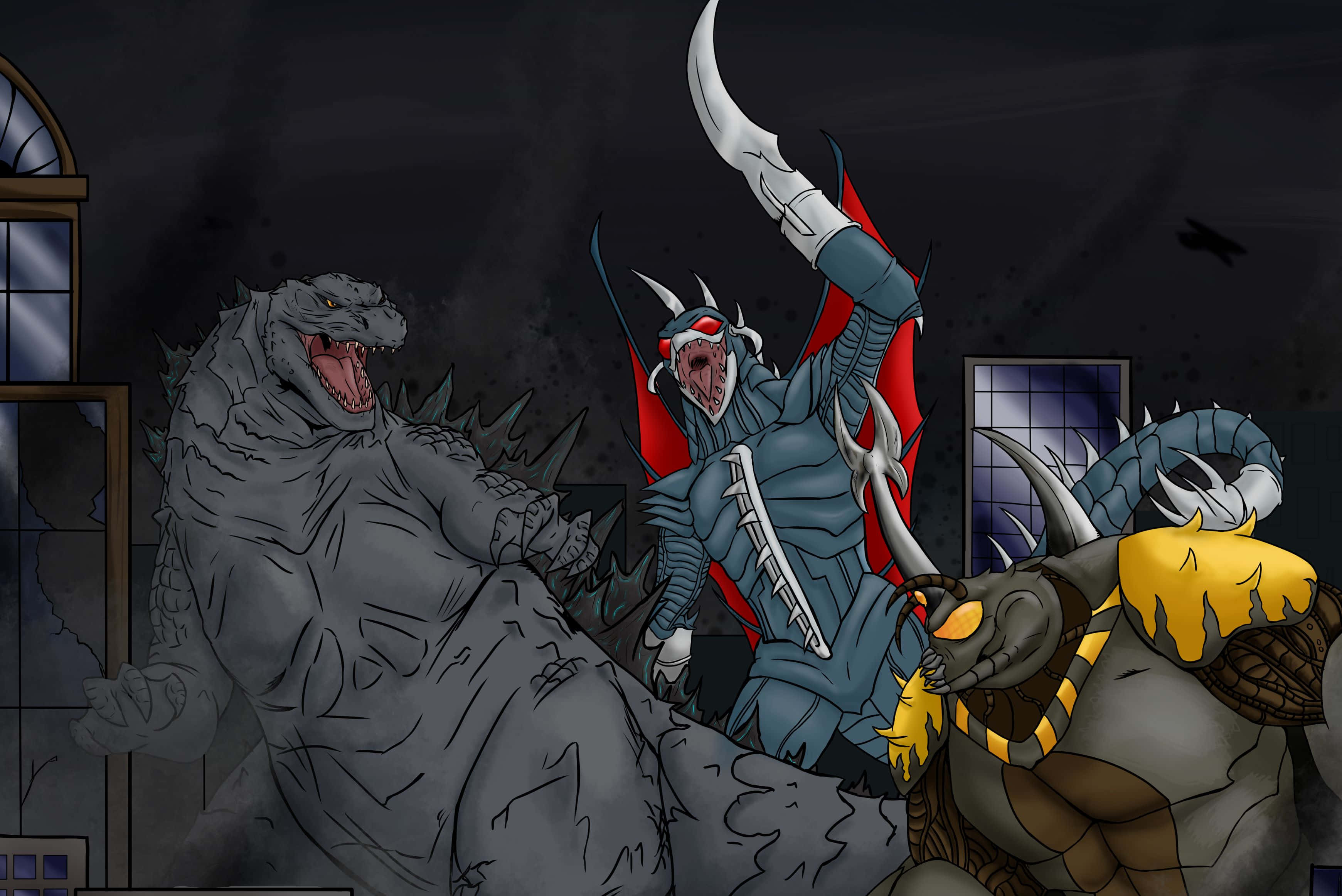 Godzilla Vs Megalon, kaiju battle, ruined cityscape, 2K Desktop Wallpaper