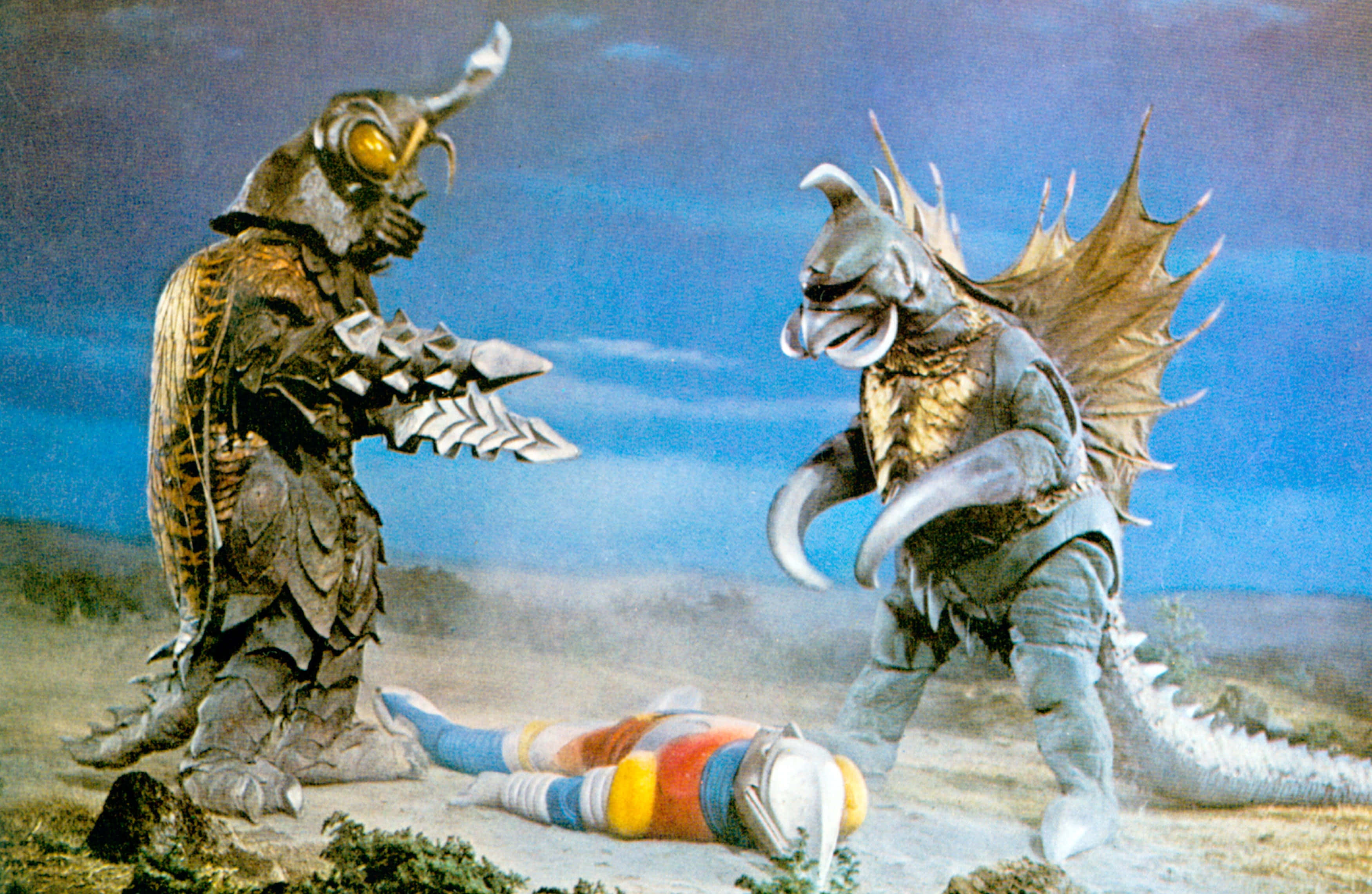 Godzilla, Megalon, desert landscape, 2K Desktop Wallpaper