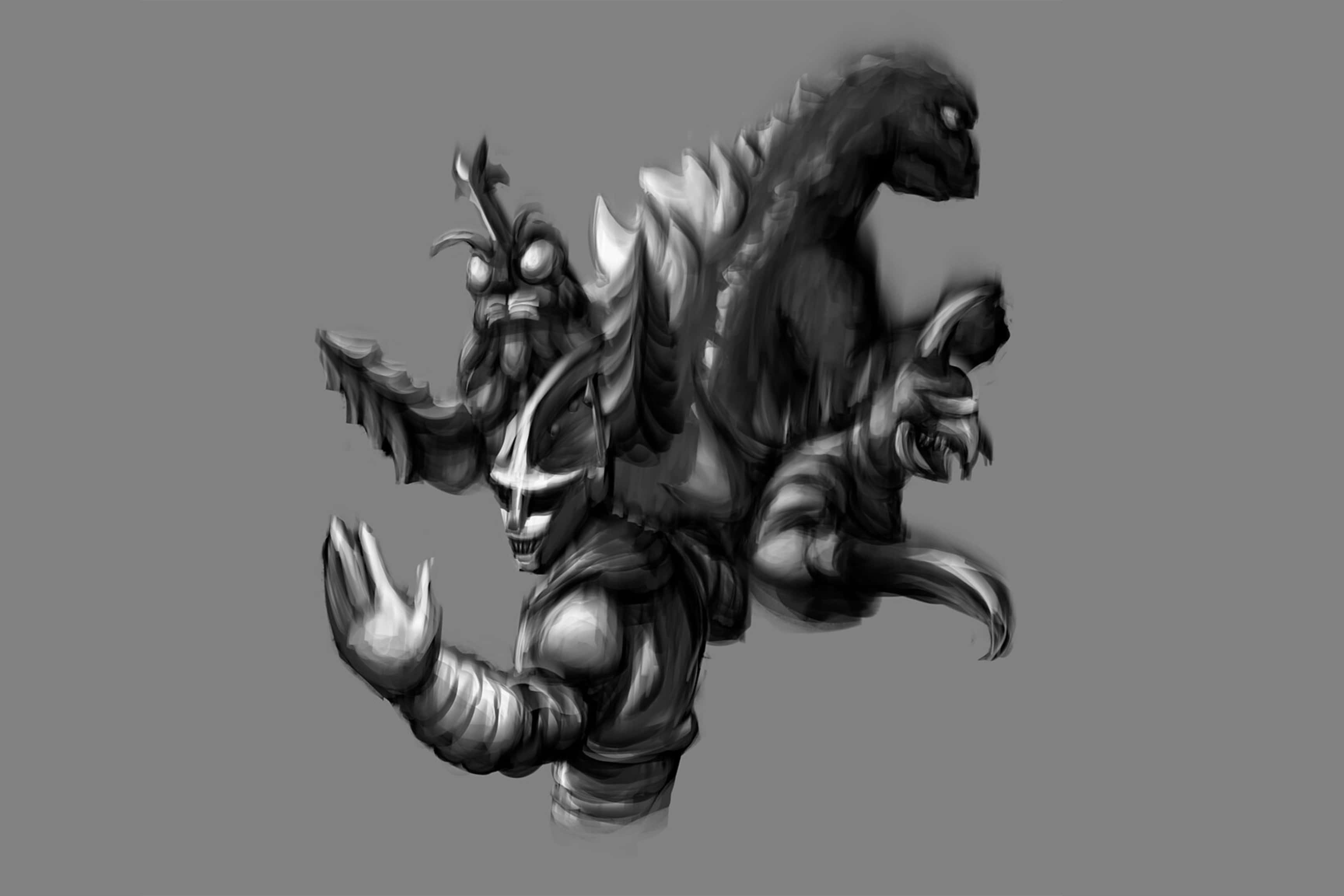 Godzilla Vs Megalon, monochrome sketch, multiple heads, 2K Desktop Wallpaper