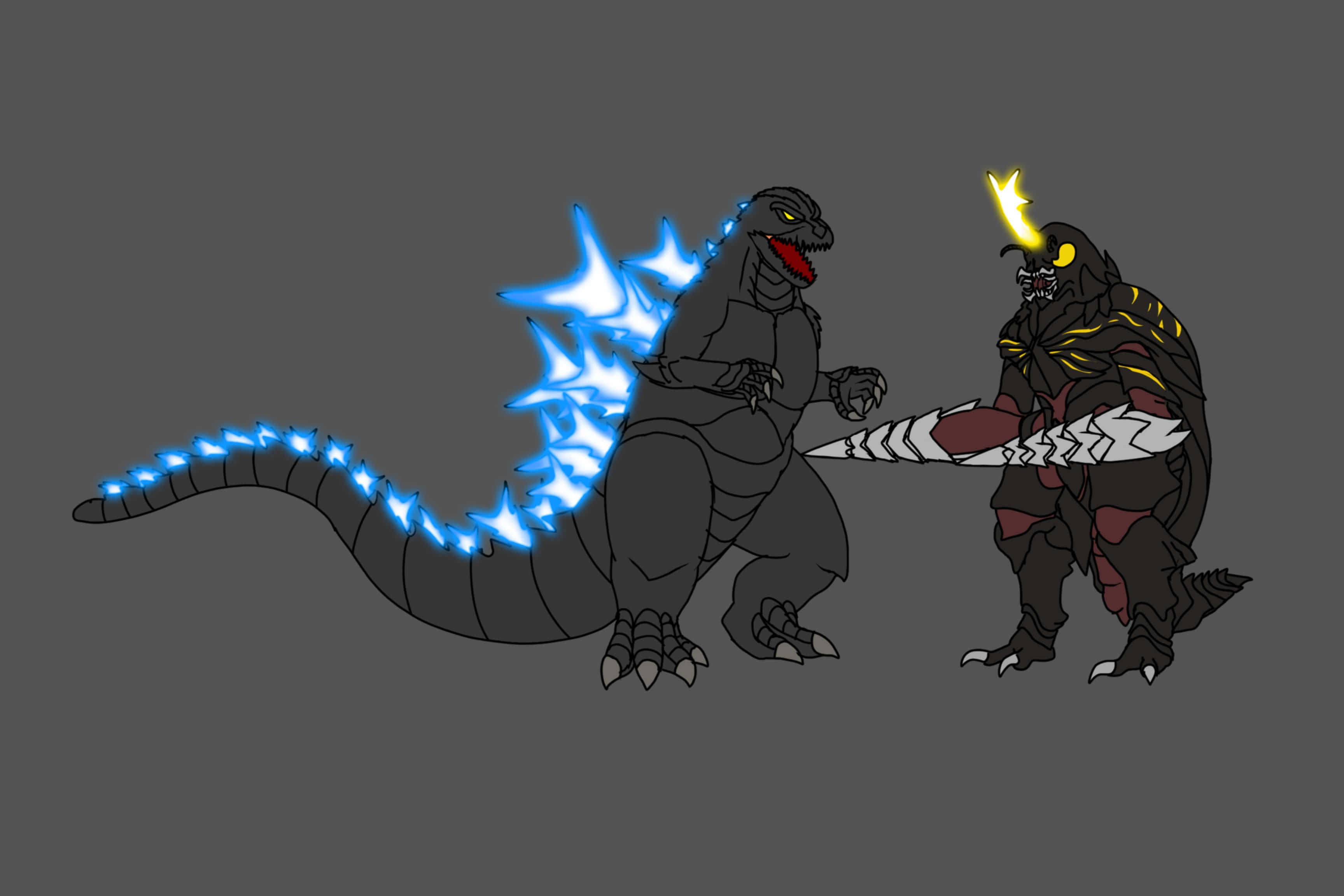Godzilla, Megalon, glowing blue dorsal fins, 2K Desktop Wallpaper