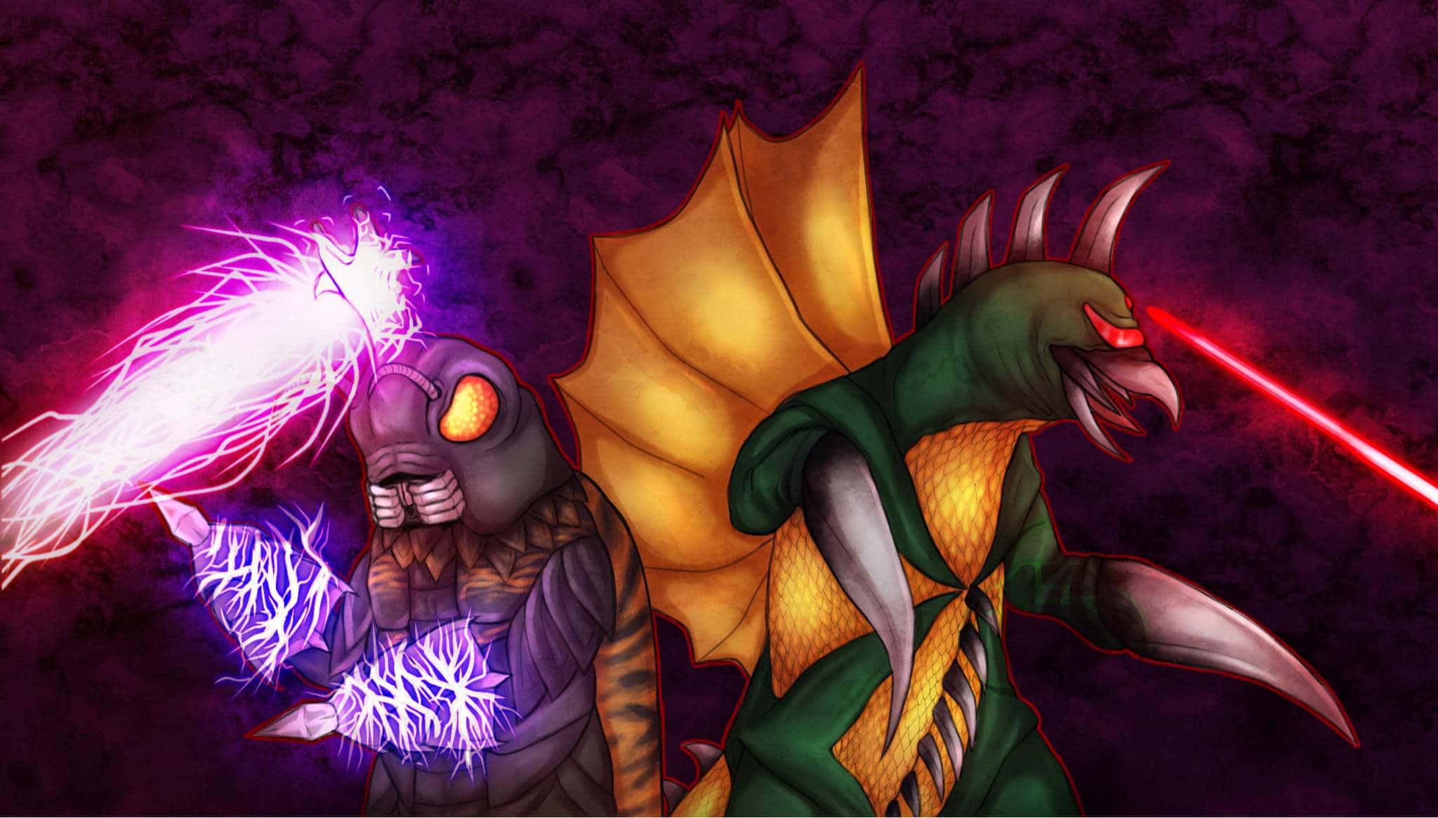 Godzilla Vs Megalon, purple lightning, red lasers, Full HD Desktop Wallpaper