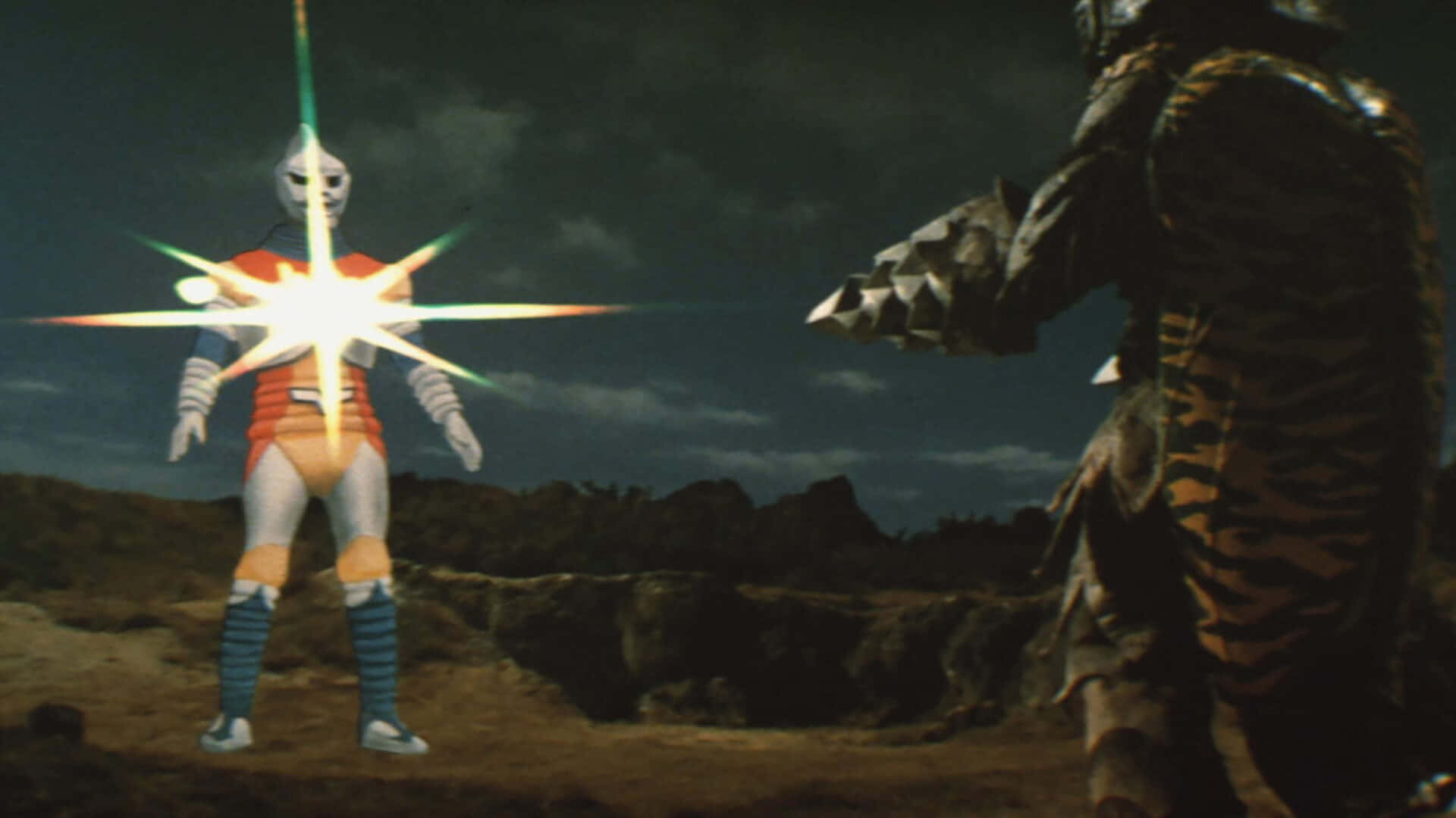 Godzilla Vs Megalon, silver and orange hero, bright starburst energy blast, Full HD Desktop Wallpaper