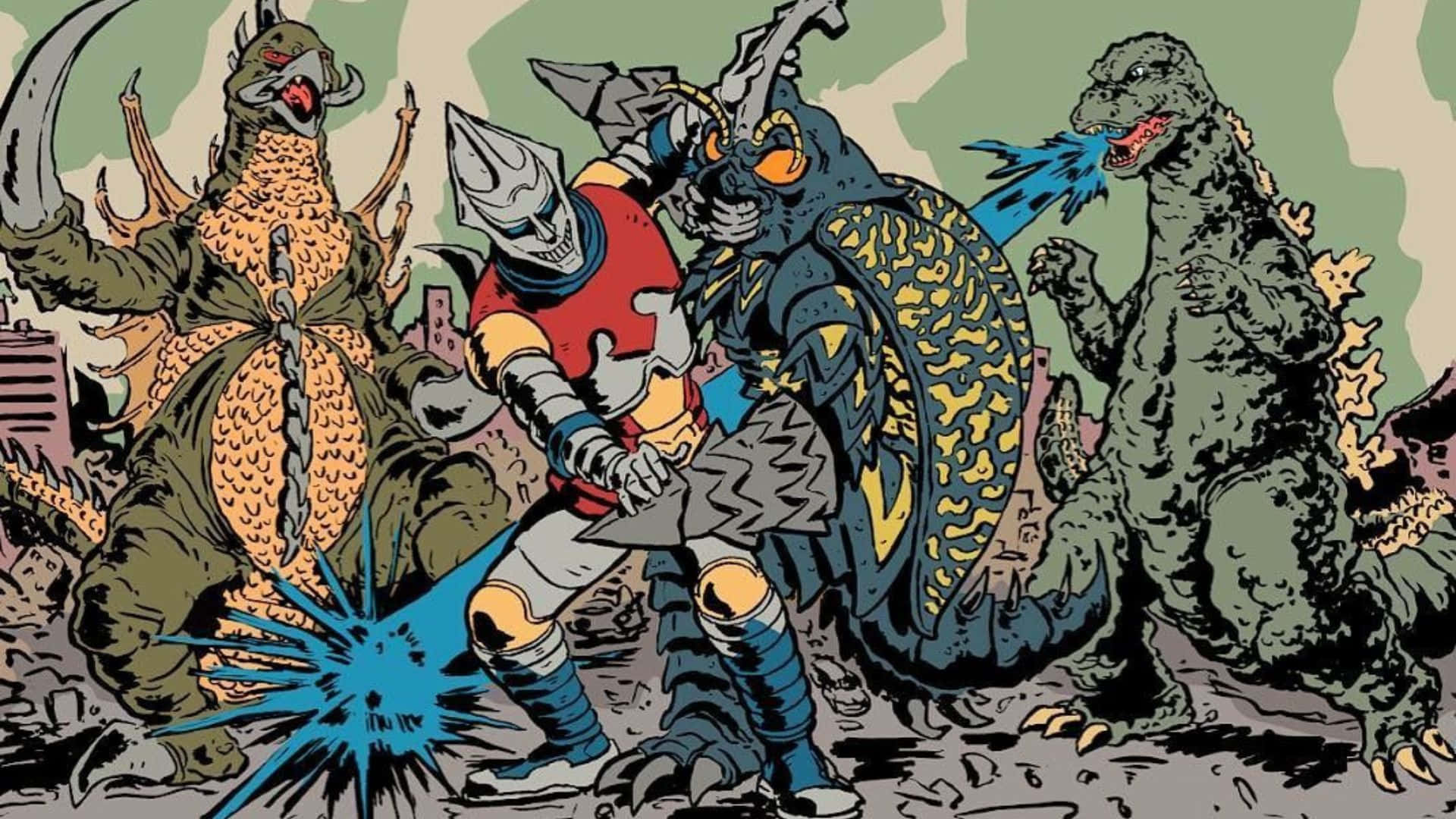 Godzilla, Megalon, comic book style, Full HD Desktop Wallpaper