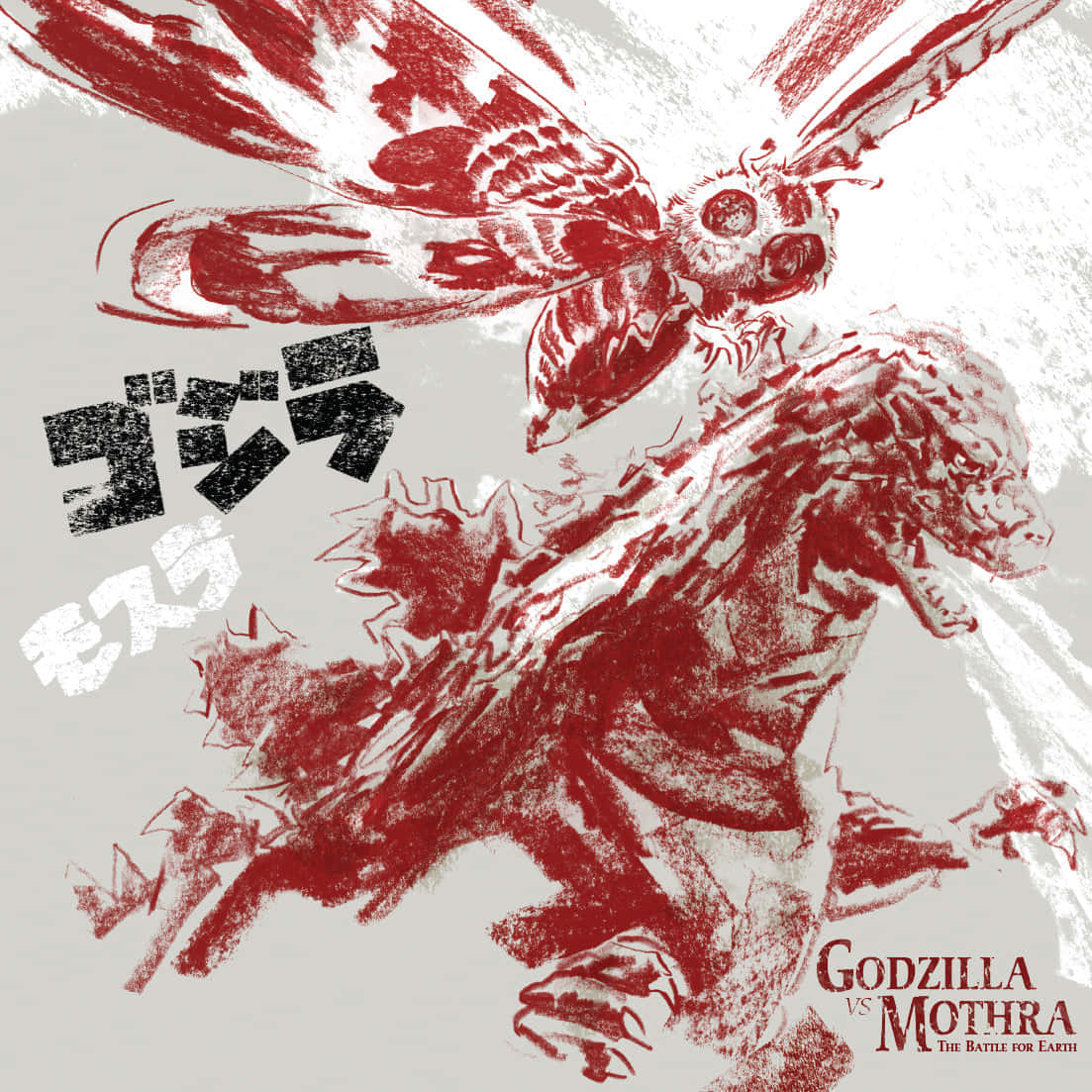 Godzilla, Mothra, red ink illustration, SD Desktop Wallpaper