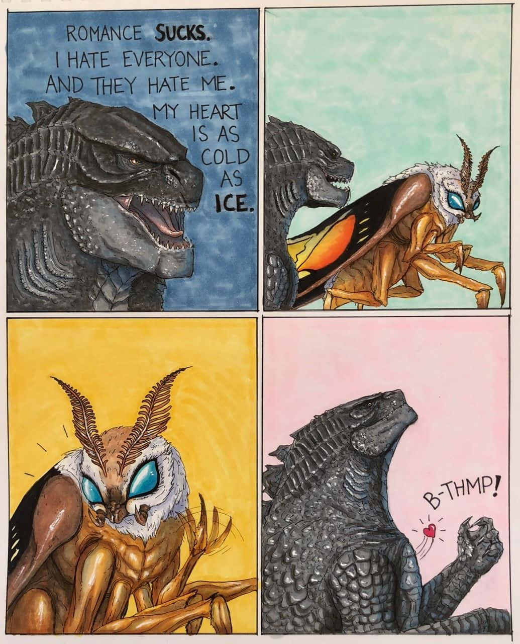 Godzilla, Mothra, four-panel comic, HD Phone Wallpaper
