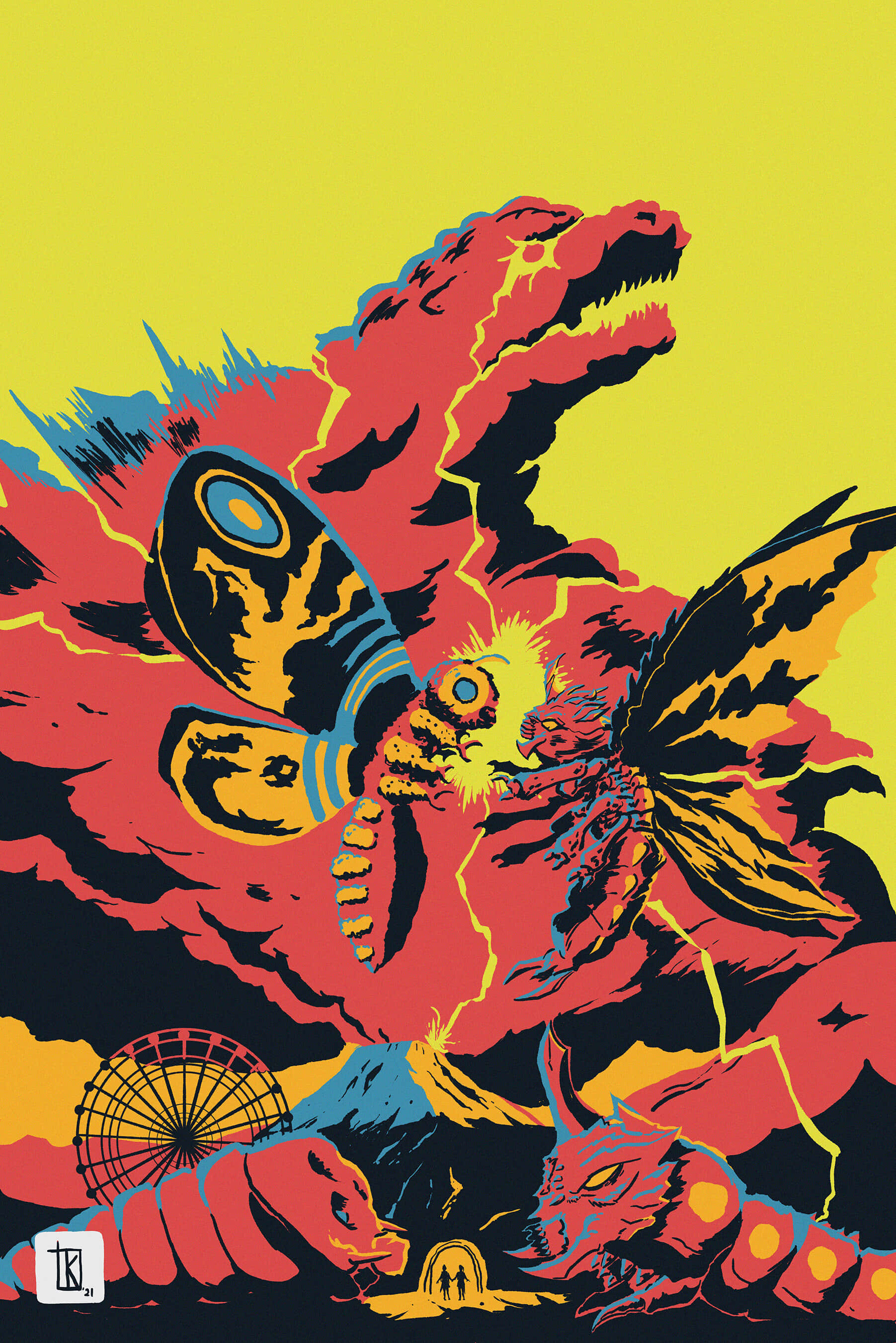 Godzilla, Mothra, red and yellow monster, 2K Phone Wallpaper