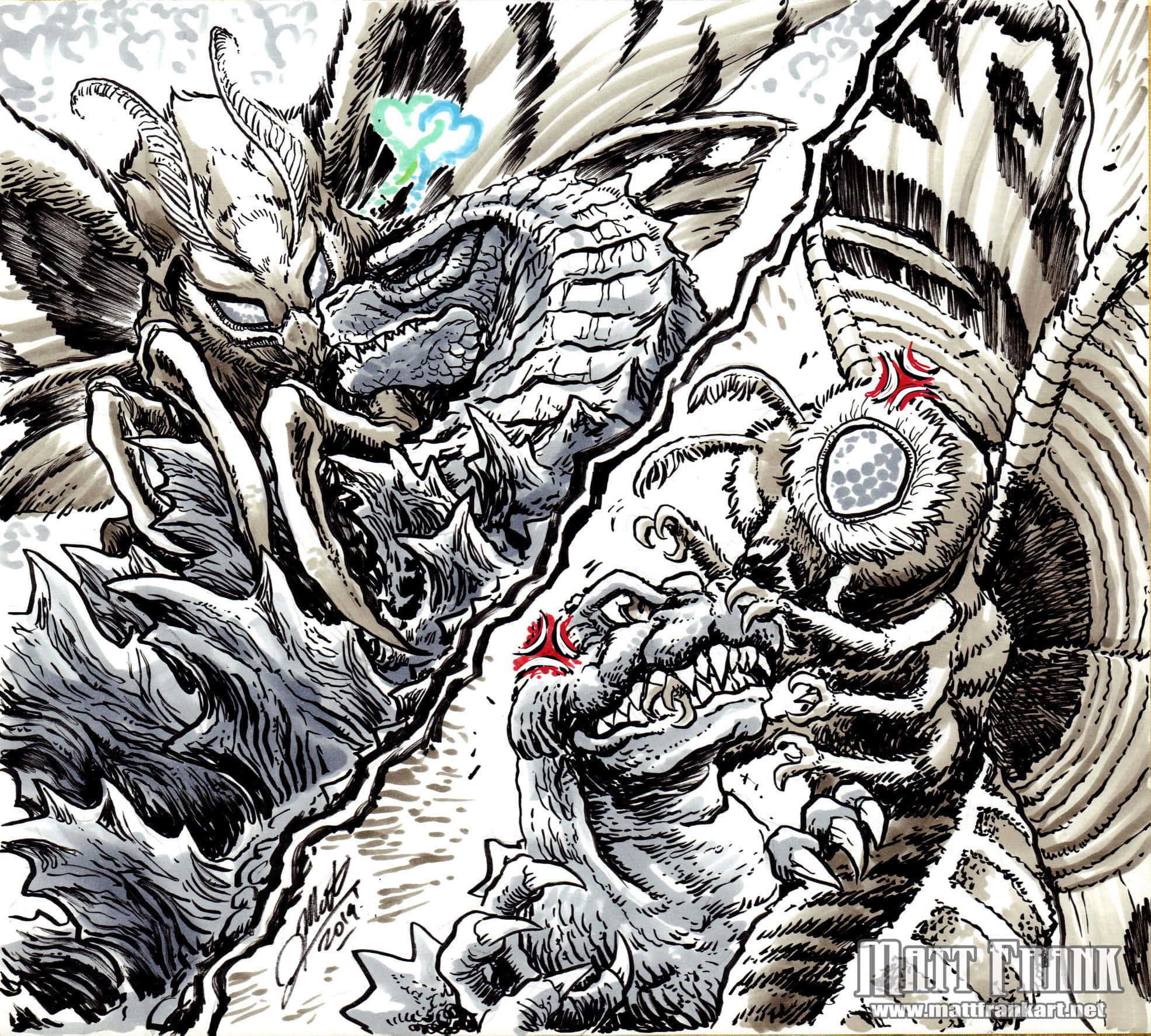 Godzilla, Mothra, black and white ink drawing, Full HD Desktop Wallpaper