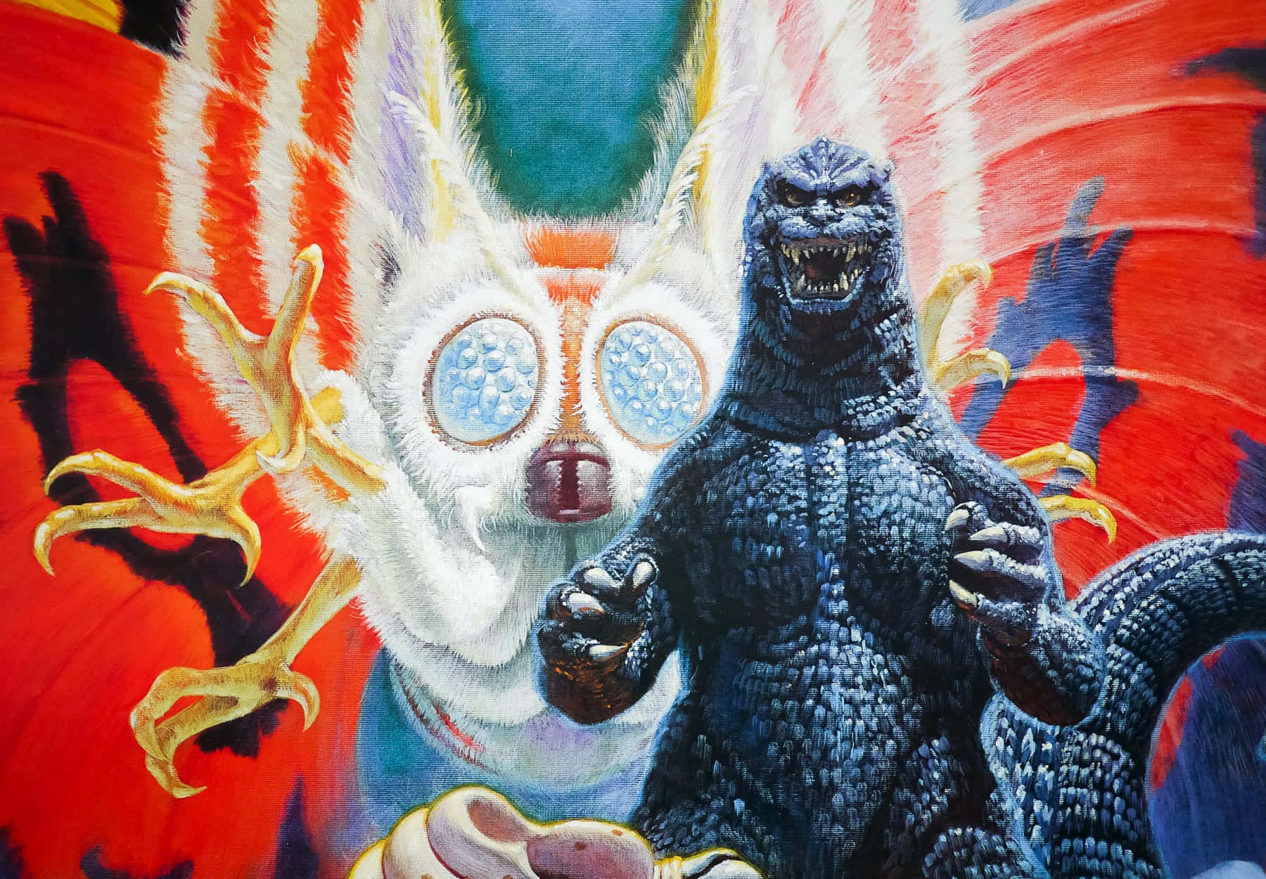 Godzilla, Mothra, fiery red and orange background, HD Desktop Wallpaper