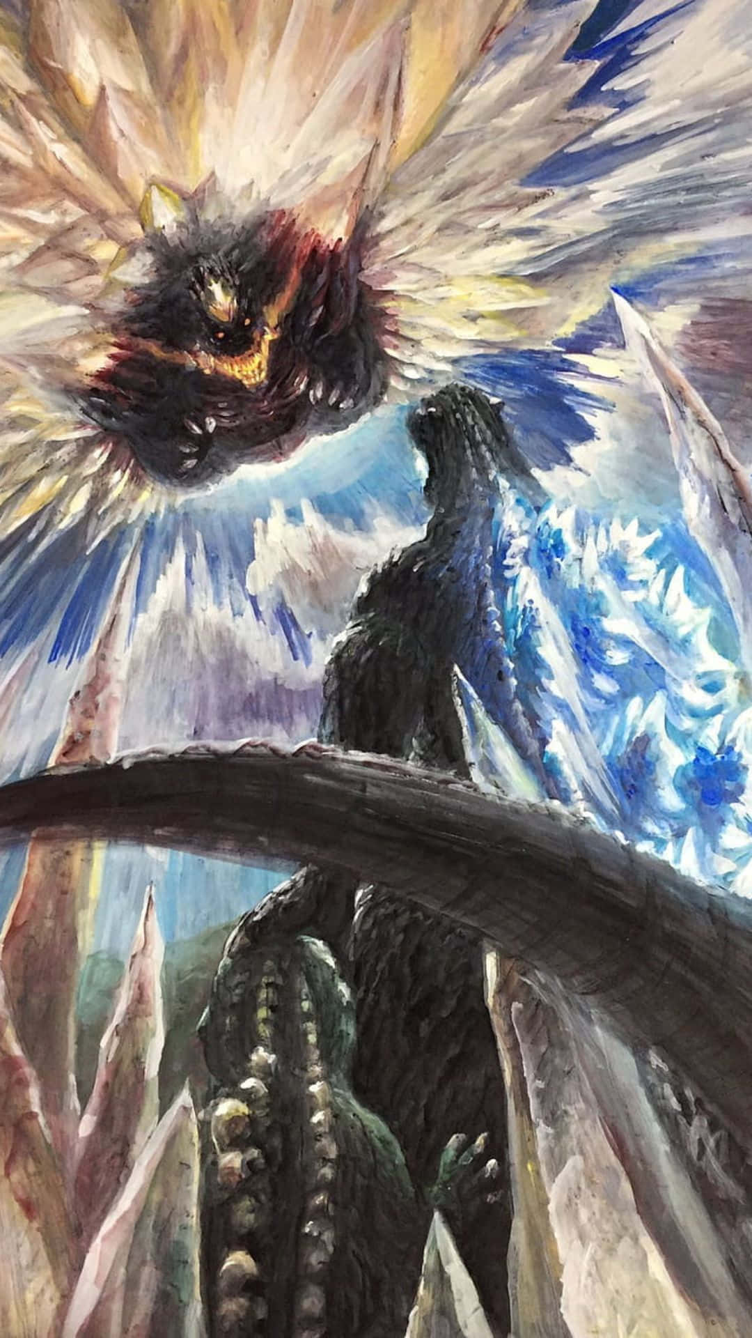 Godzilla, SpaceGodzilla, stormy sky, Full HD Phone Wallpaper