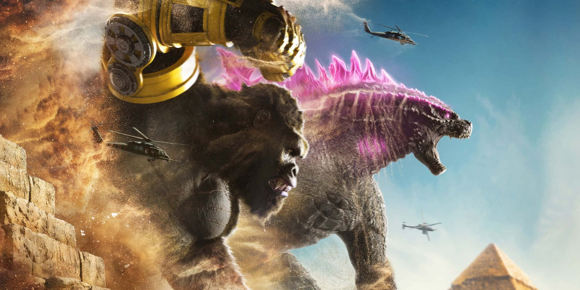 Godzilla X Kong The New Empire, glowing pink Godzilla, giant ape, Full HD Desktop Wallpaper