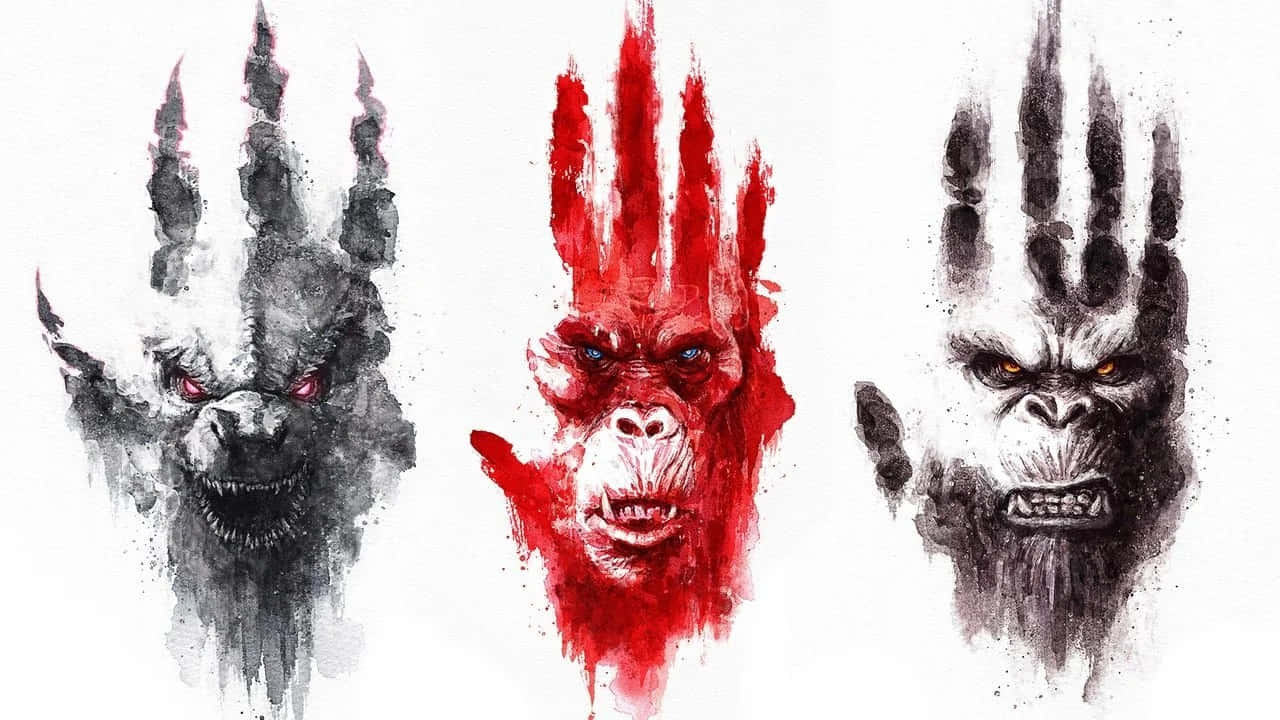 Godzilla, Kong, watercolor, HD Desktop Wallpaper
