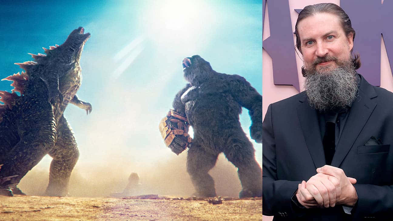 Godzilla, Kong, bearded man in suit, HD Desktop Wallpaper