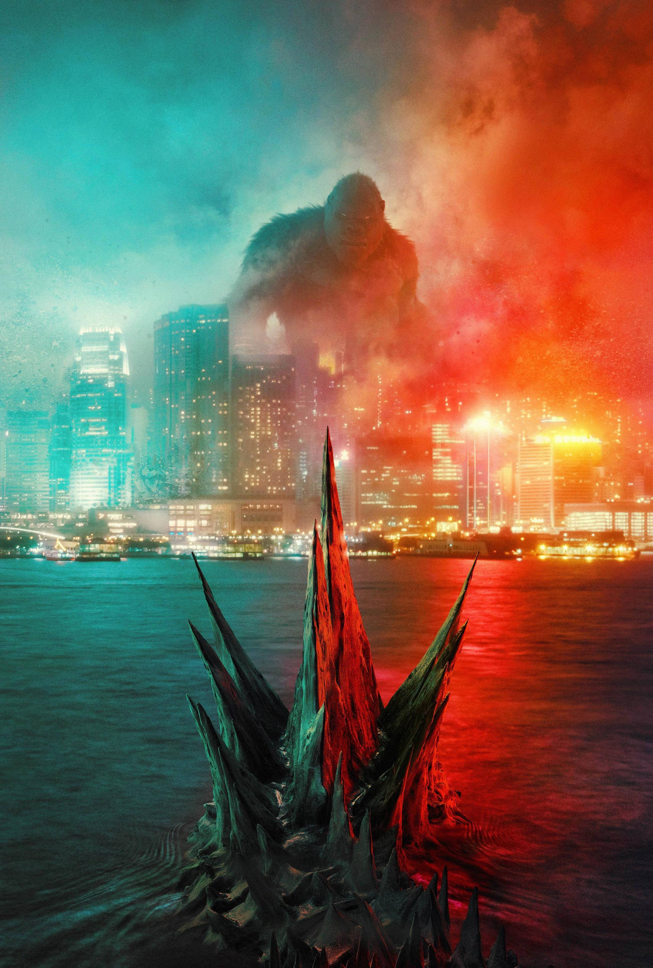 Godzilla, Kong, neon-lit cityscape, 2K Phone Wallpaper