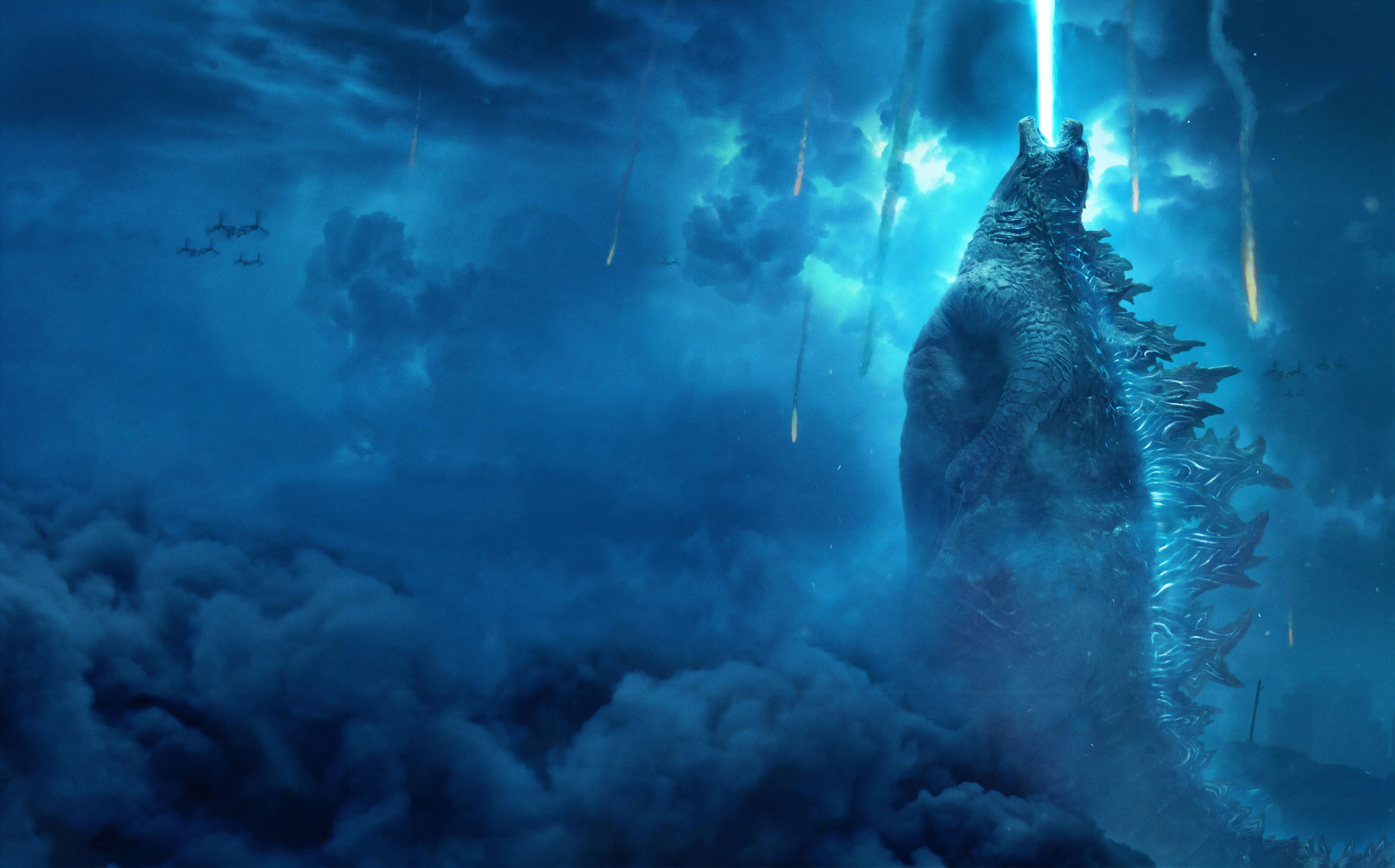 Godzilla, fire, storm clouds, 5K Desktop Wallpaper