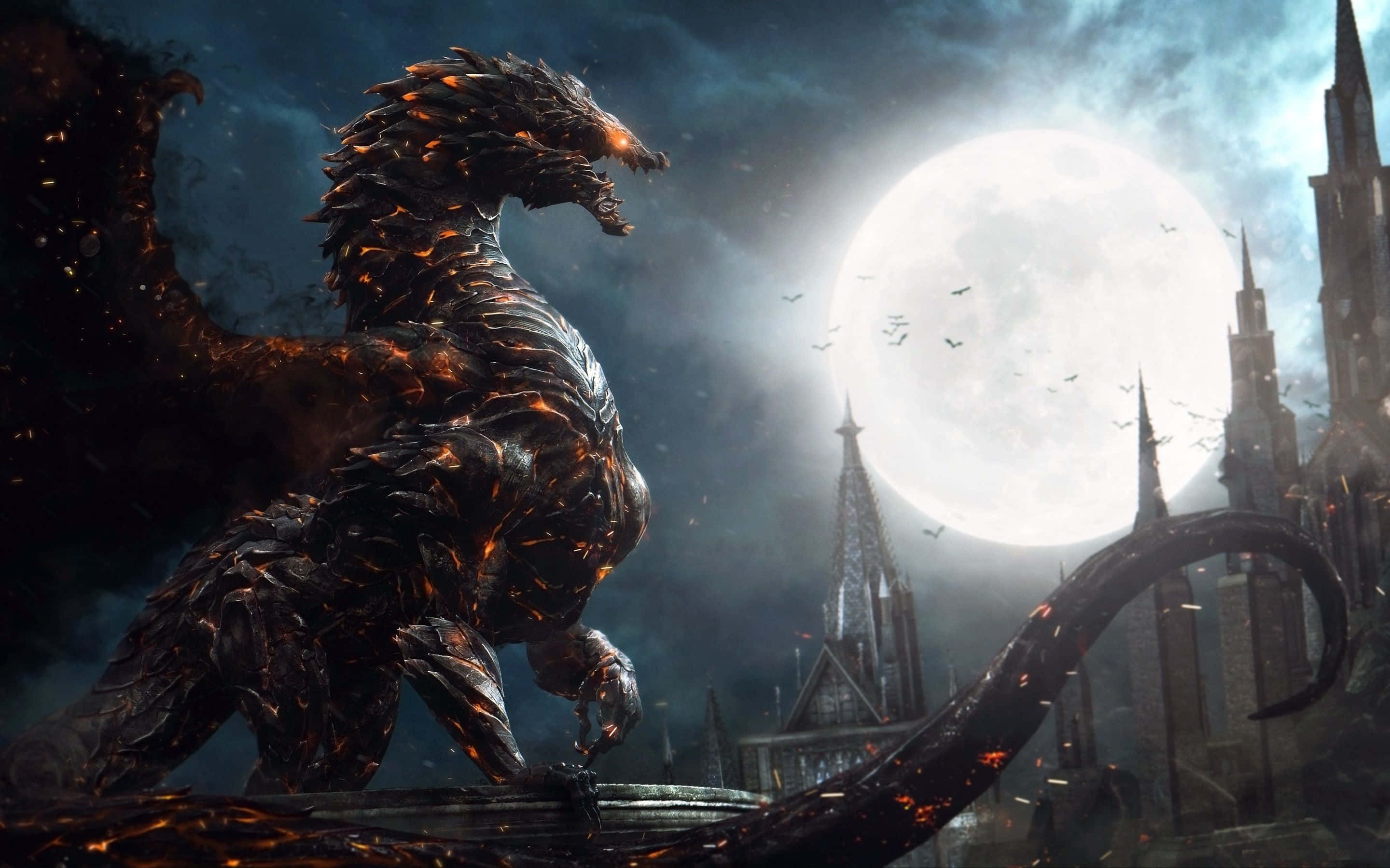 Godzilla, fiery black, ruined gothic cathedral, 2K Desktop Wallpaper