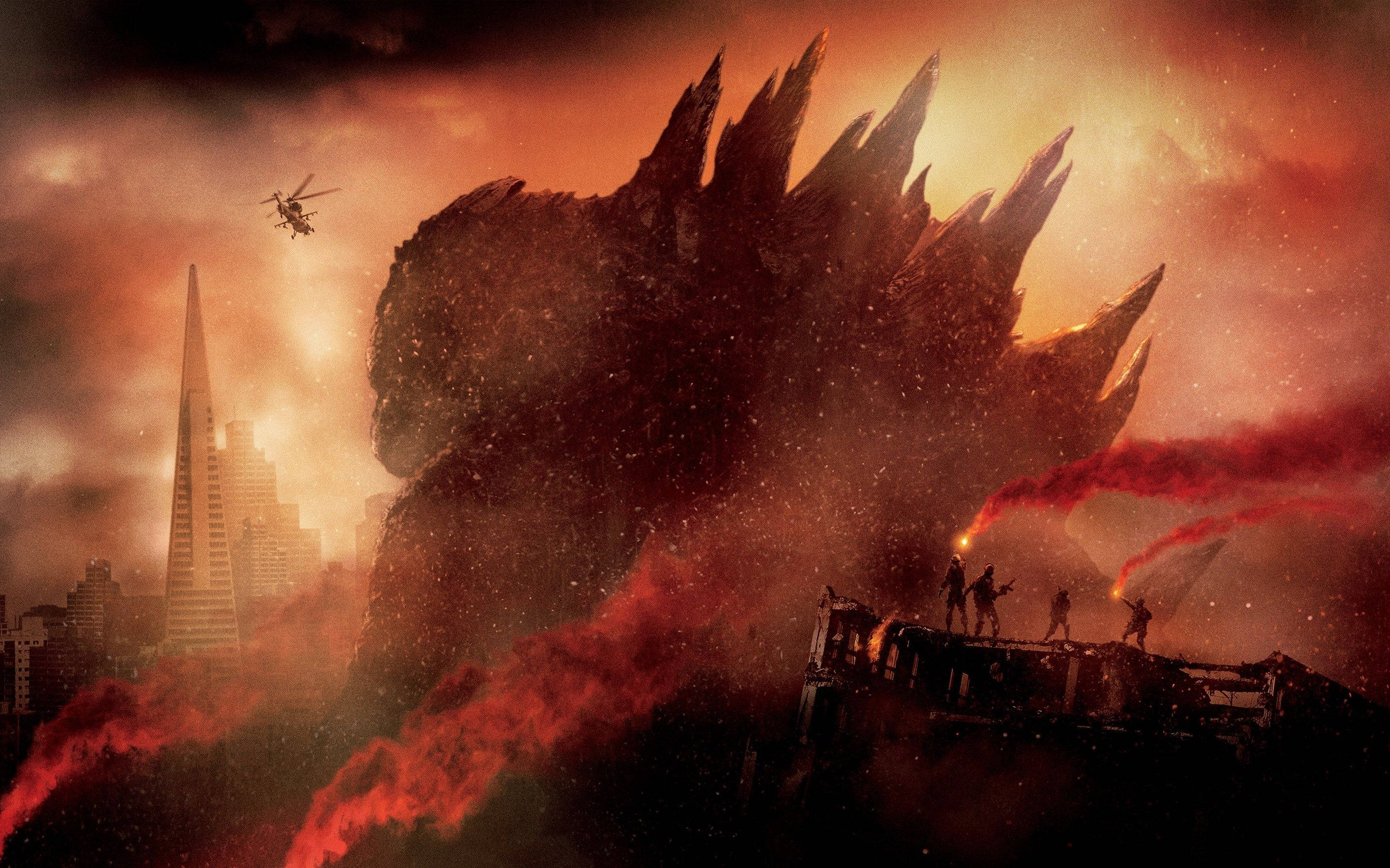 Godzilla, burning city, fiery orange sky, 2K Desktop Wallpaper