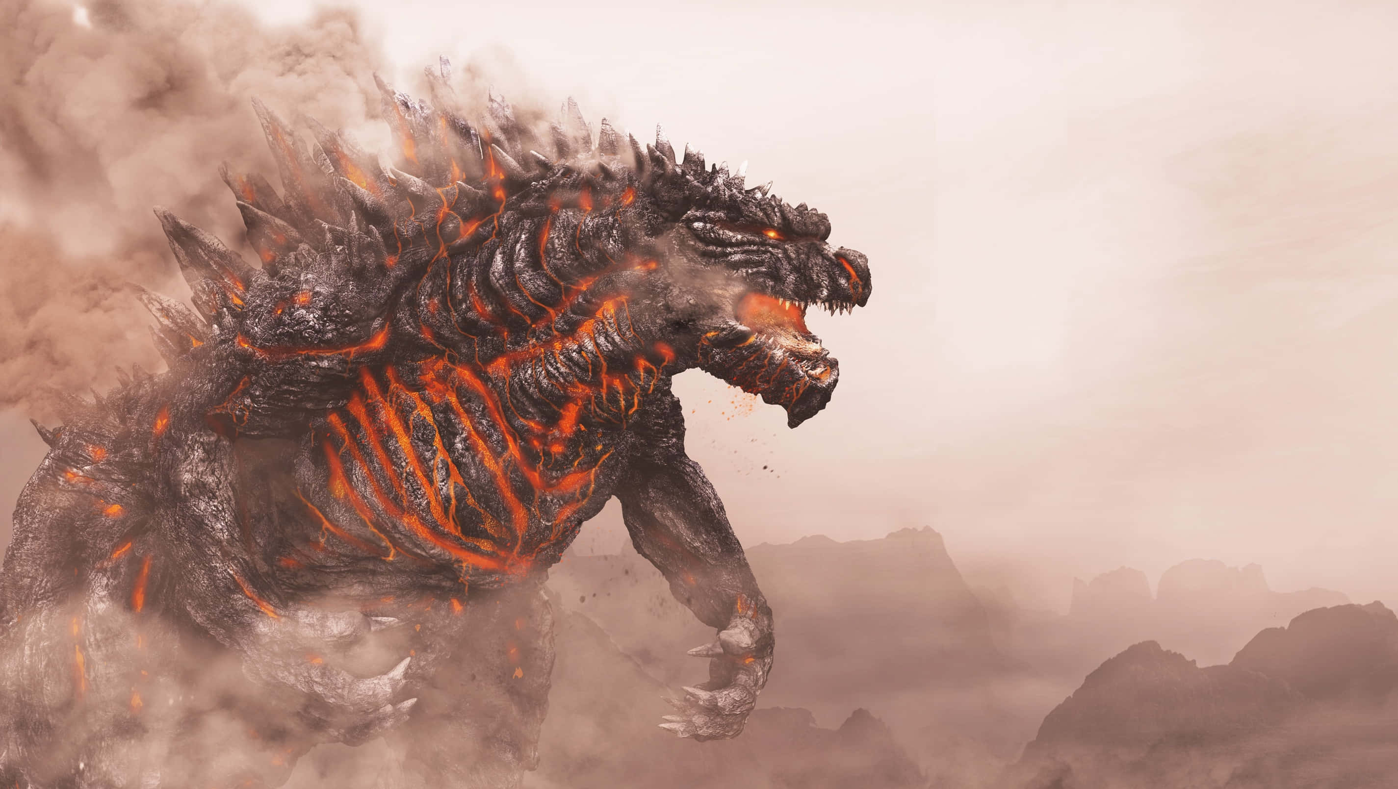 Godzilla, glowing orange magma veins, billowing smoke, 2K Desktop Wallpaper