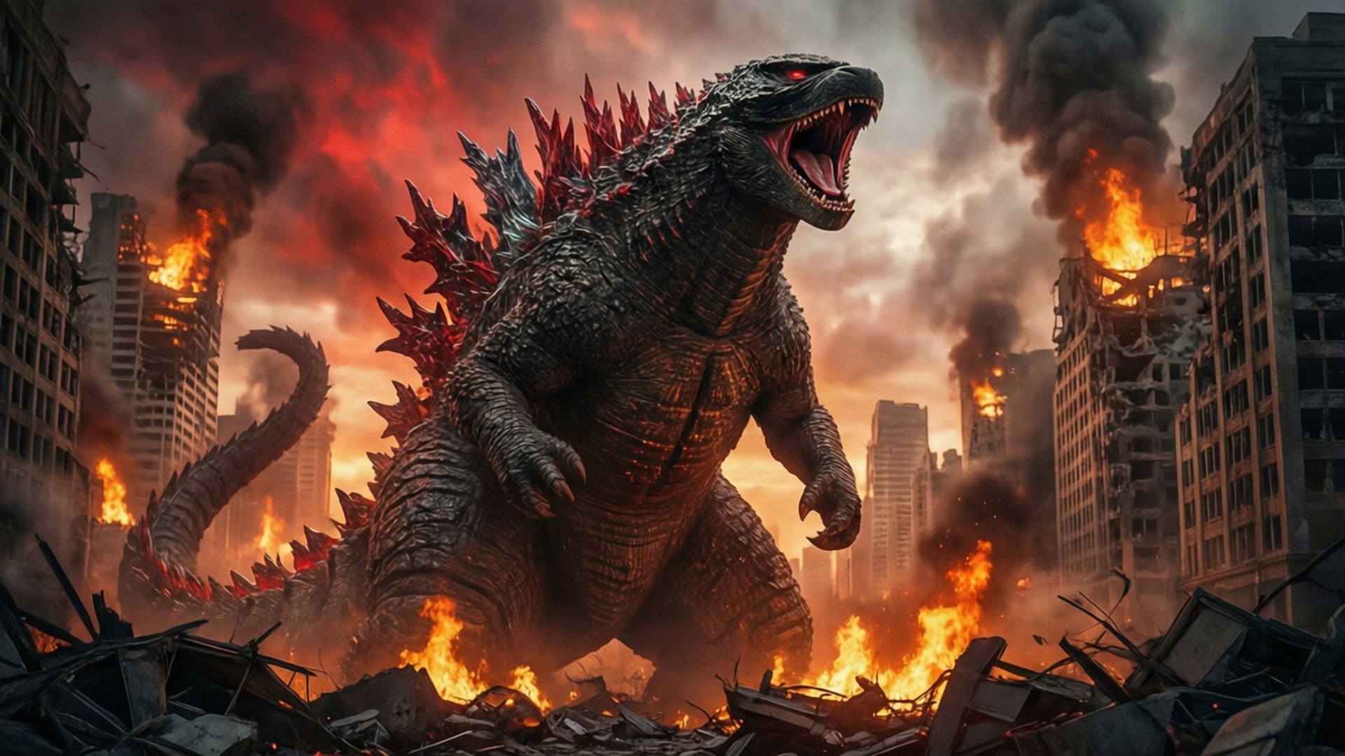 Godzilla, colossal, burning skyscrapers, Full HD Desktop Wallpaper