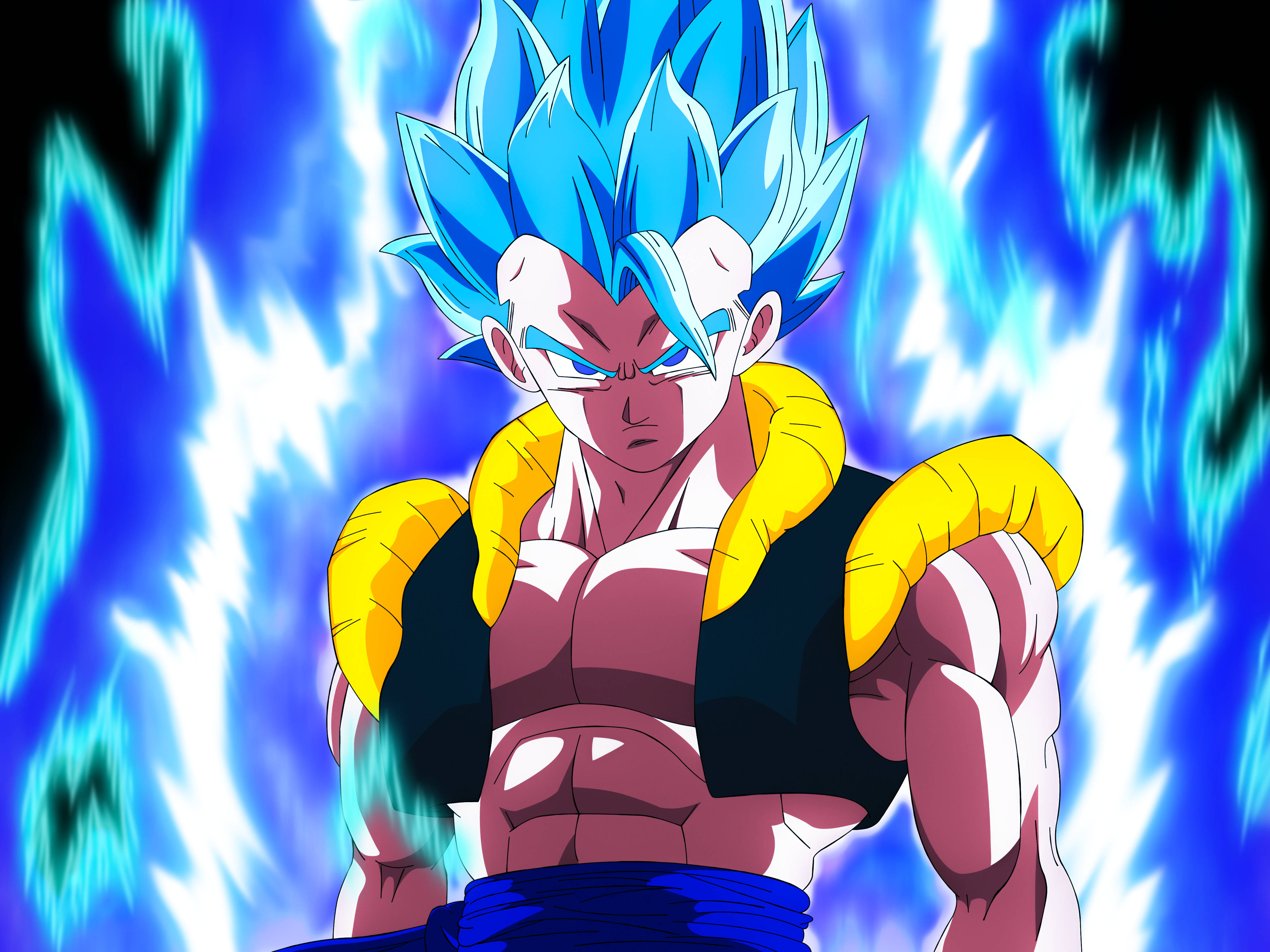 Gogeta Blue, spiky blue hair, yellow shoulder guards, 4K Desktop Wallpaper