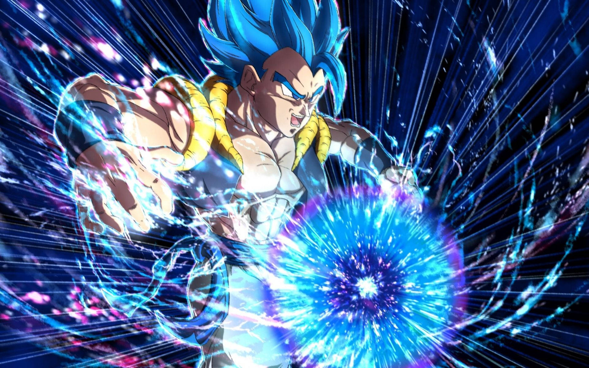 Gogeta Blue, blue-haired anime warrior, glowing blue energy sphere, Full HD Desktop Wallpaper