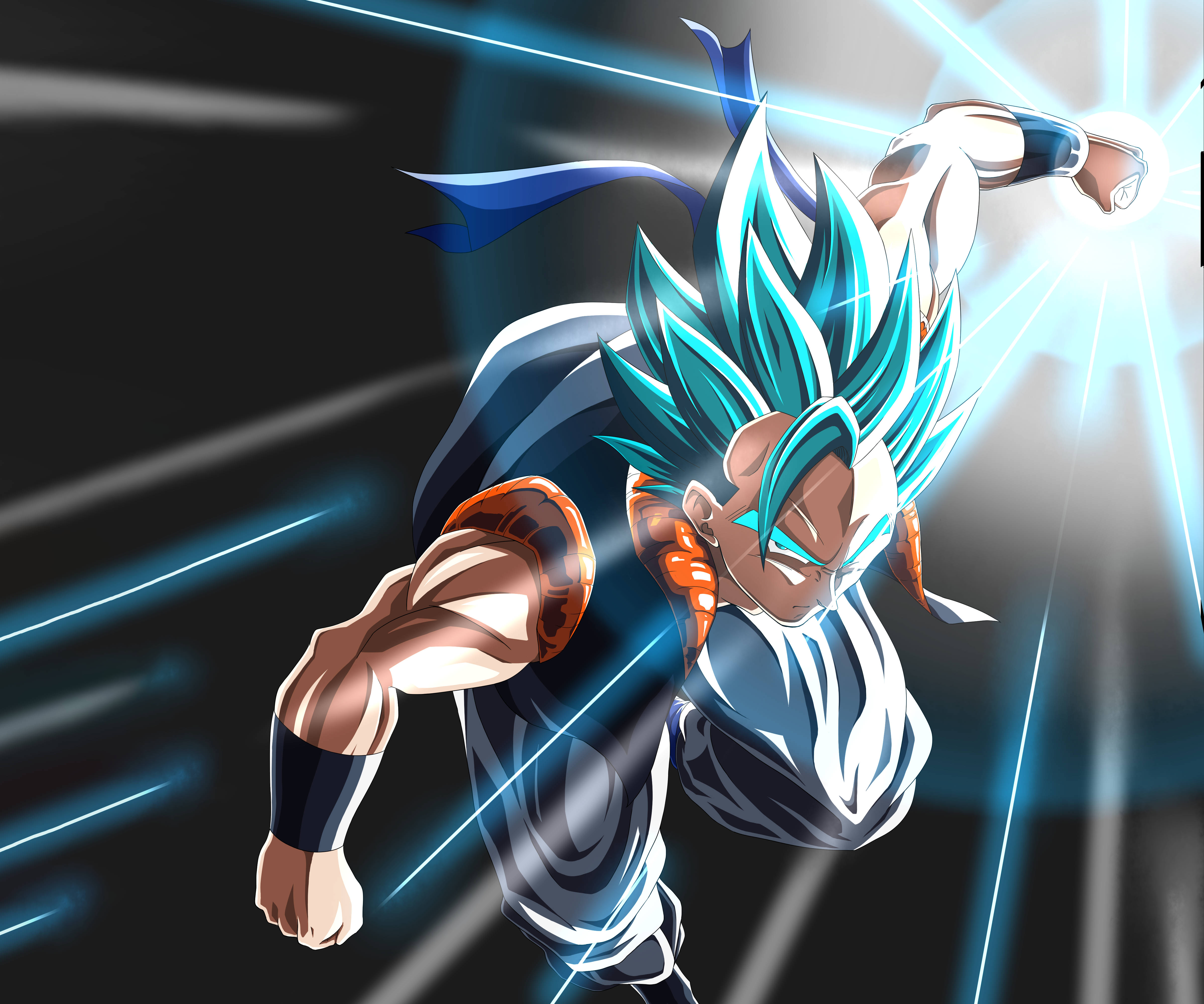Gogeta Blue, spiky blue hair, glowing aura, 4K Desktop Wallpaper