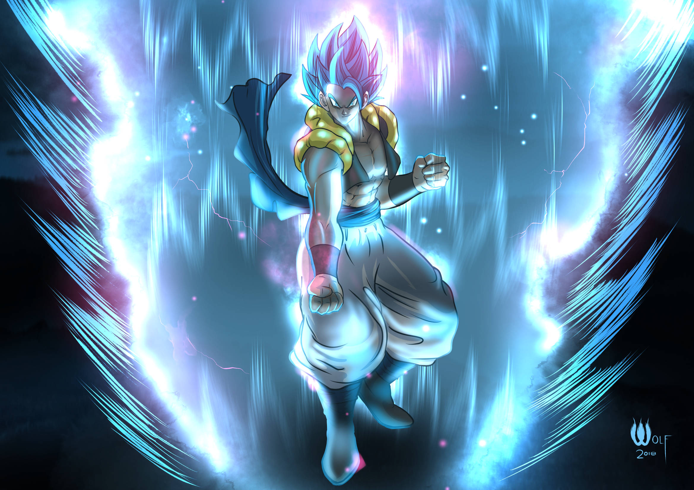 Gogeta Blue, spiky pink and blue hair, glowing blue energy streaks, Full HD Desktop Wallpaper
