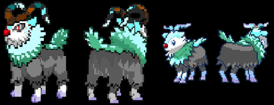pixel art sprites, blue and gray goat-like creature, four angles, SD Desktop Wallpaper