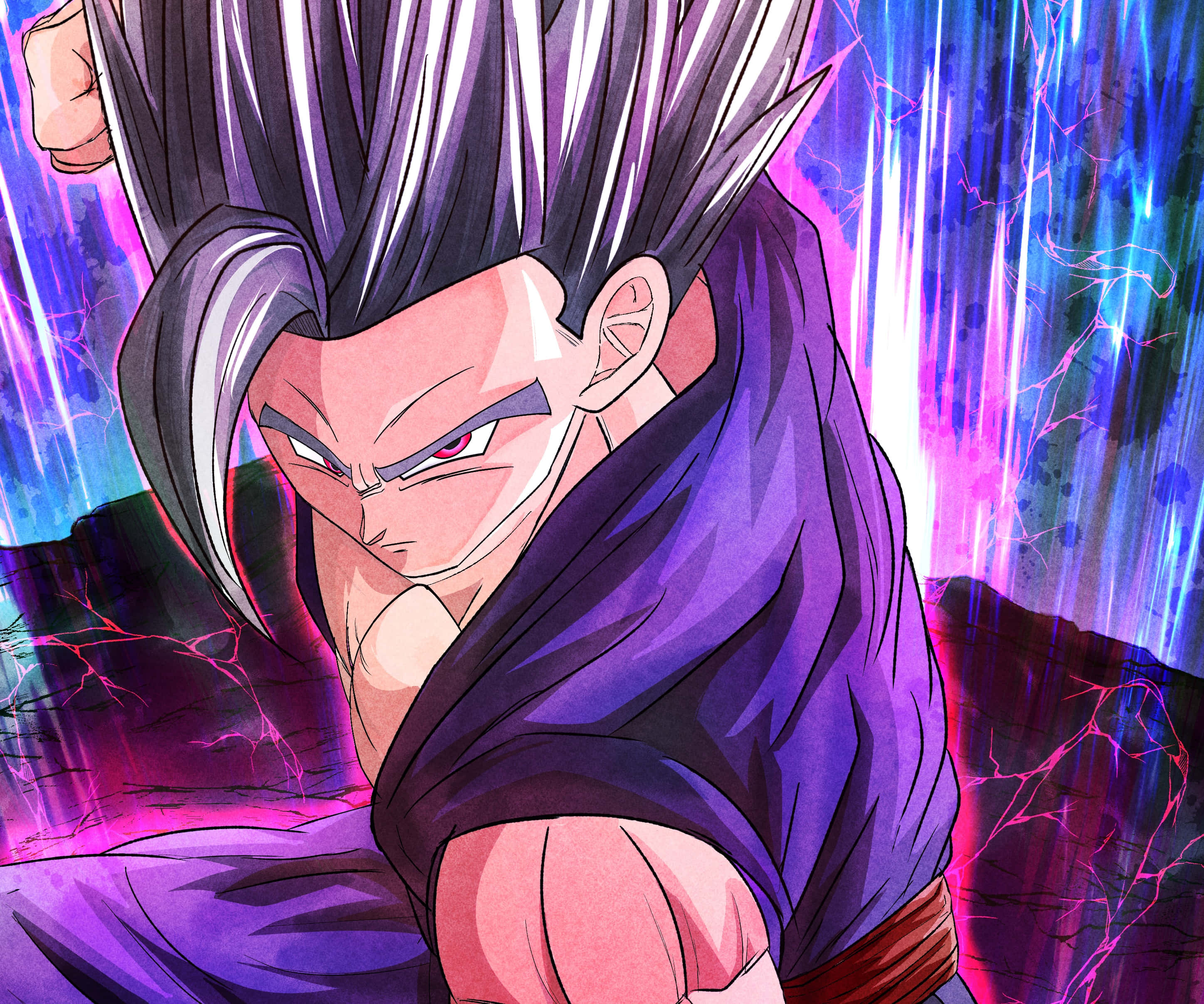 Gohan, spiky silver hair, red eyes, 2K Desktop Wallpaper