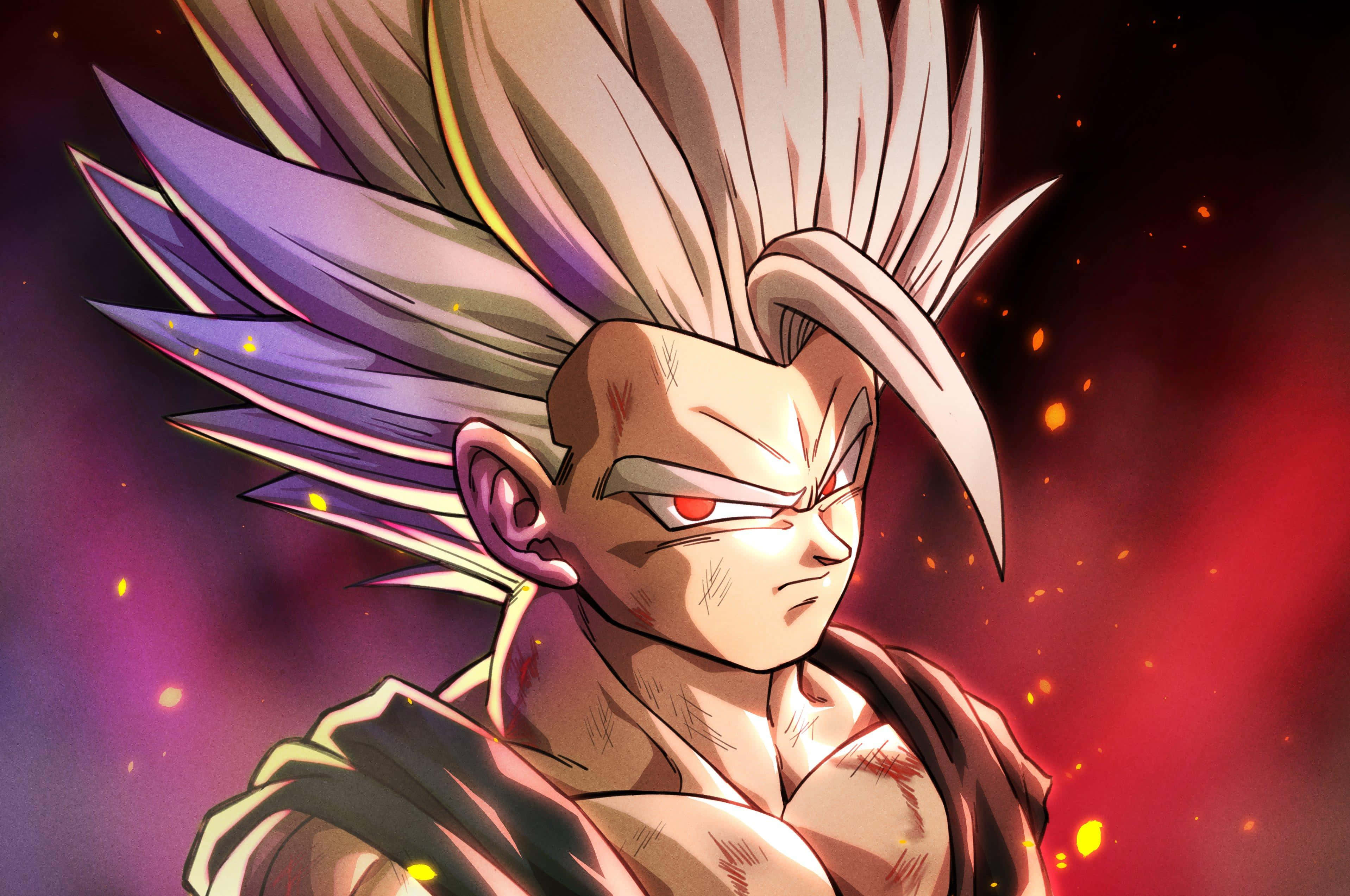 Beast Gohan, spiky white and purple hair, glowing red eyes, 2K Desktop Wallpaper