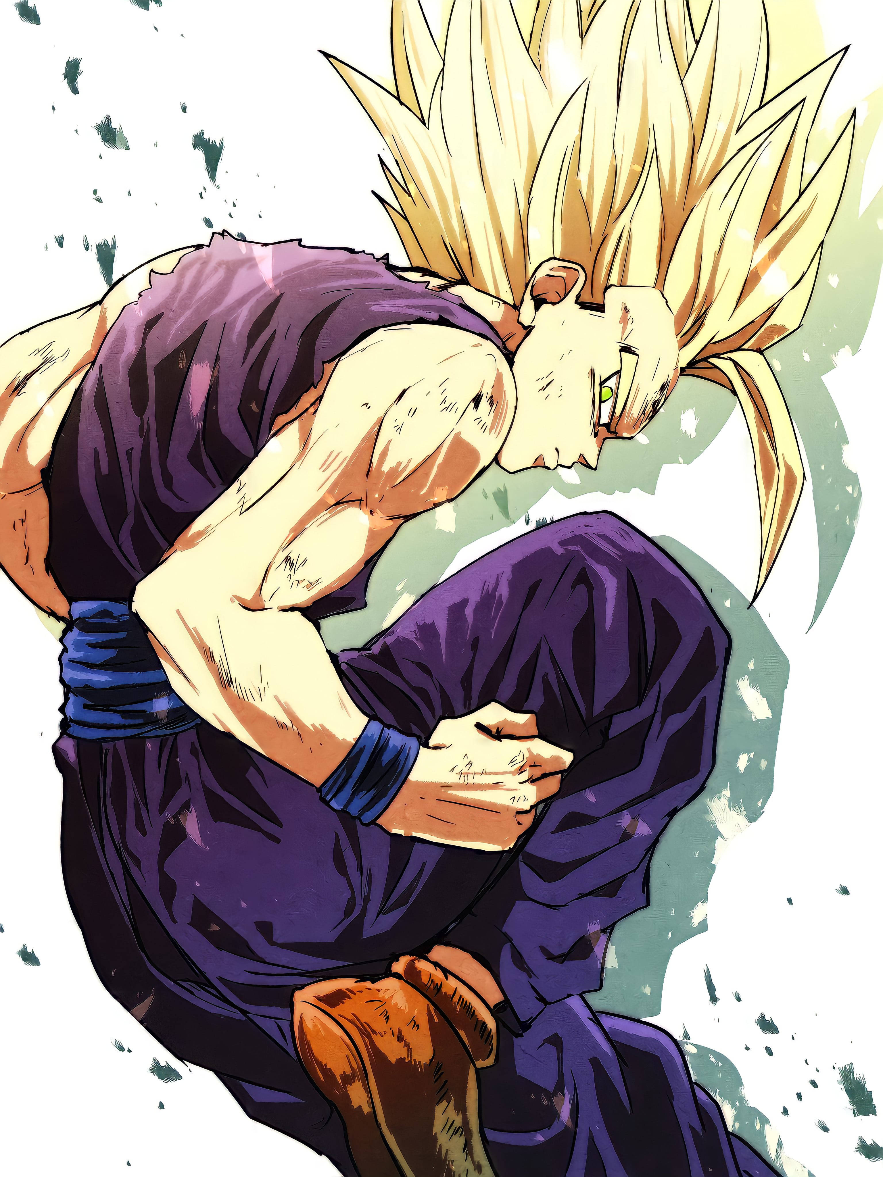 Gohan Super Saiyan 2, spiky-haired anime warrior, purple gi, 4K Phone Wallpaper