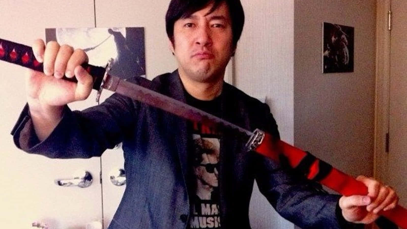 Goichi Suda, red and black sword, dark blazer, HD Desktop Wallpaper