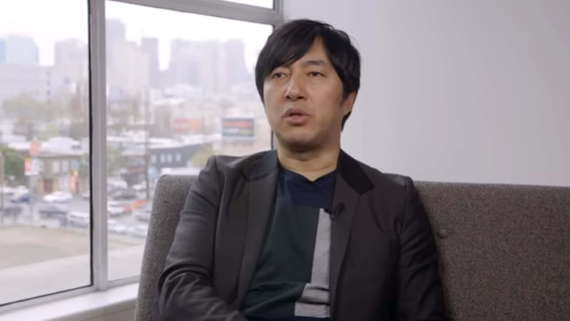 Goichi Suda, blazer, gray couch, Full HD Desktop Wallpaper