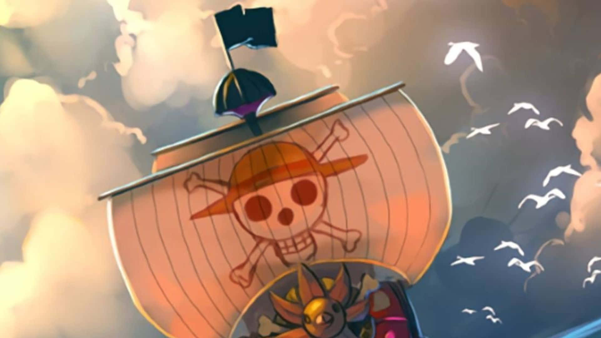 Going Merry, skull and crossbones flag, clouds, Full HD Desktop Wallpaper