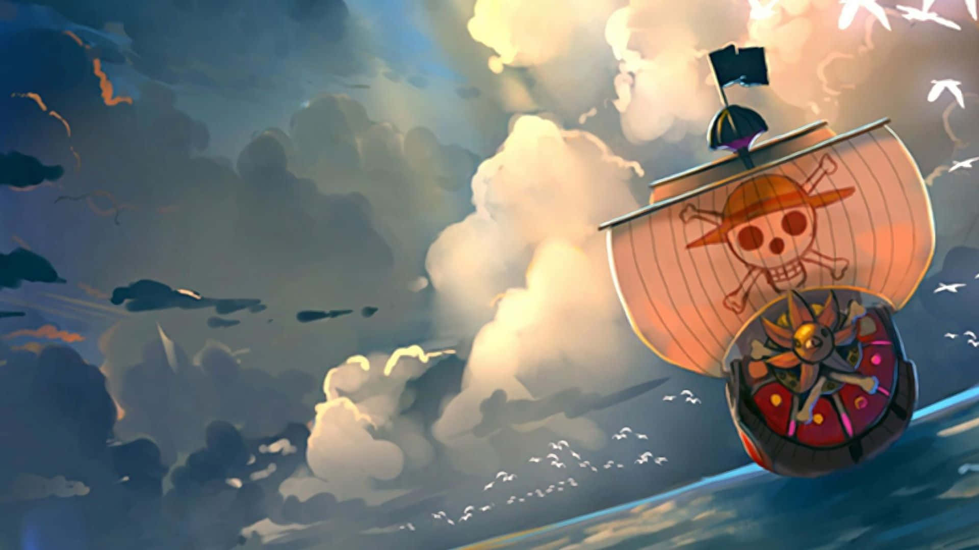 Going Merry, skull flag, sunset, Full HD Desktop Wallpaper