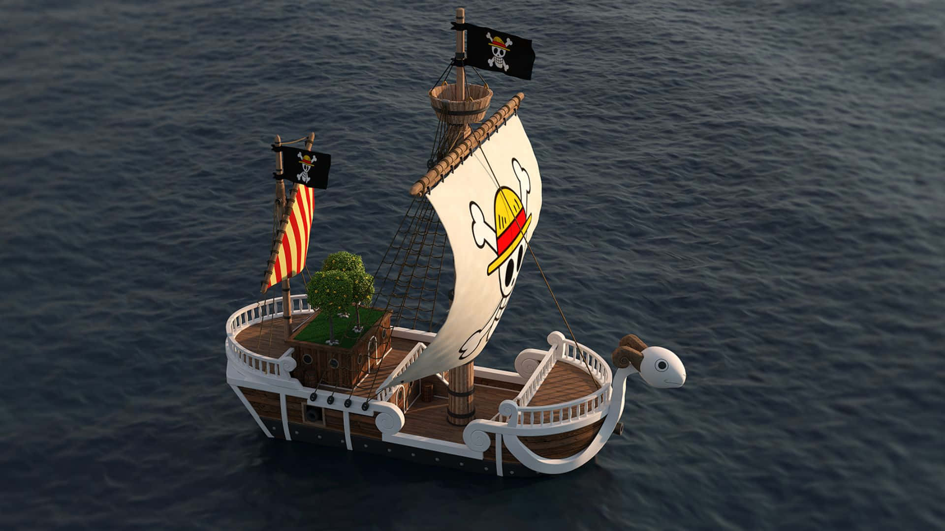 Going Merry, skull flag, tree on deck, Full HD Desktop Wallpaper