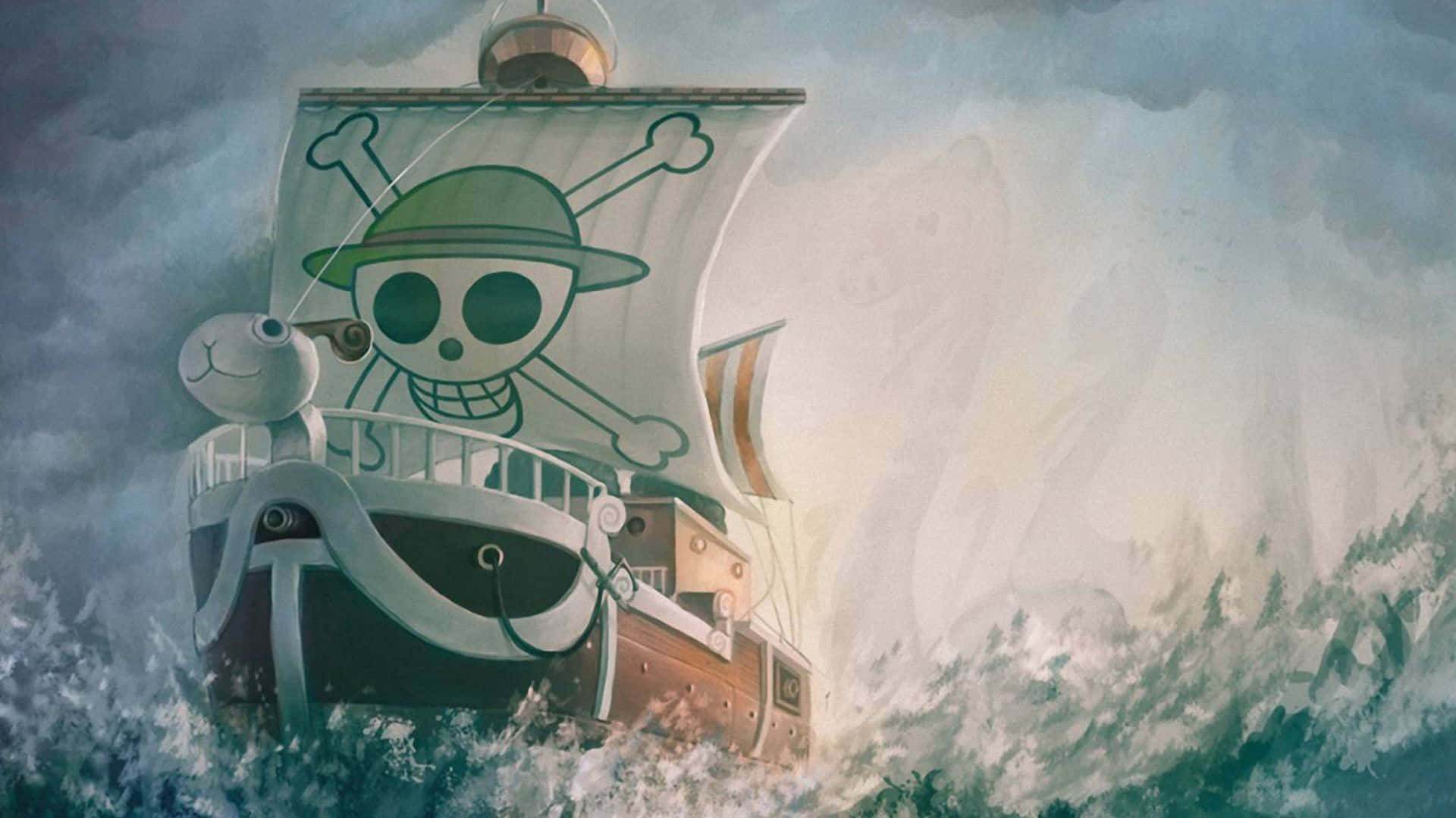 Going Merry, skull and crossbones flag, stormy ocean waves, Full HD Desktop Wallpaper