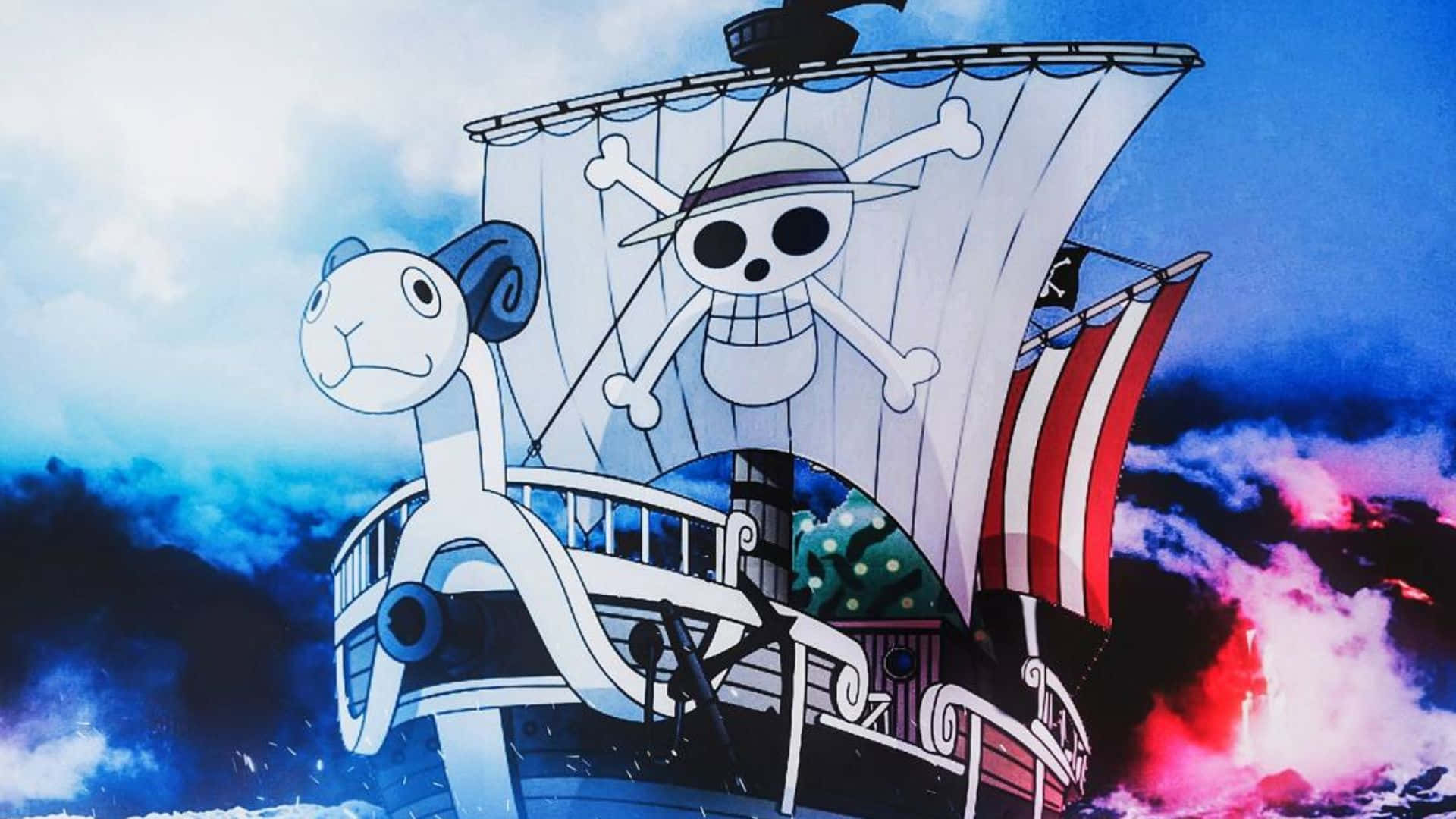 Going Merry, white pirate ship, skull flag, Full HD Desktop Wallpaper