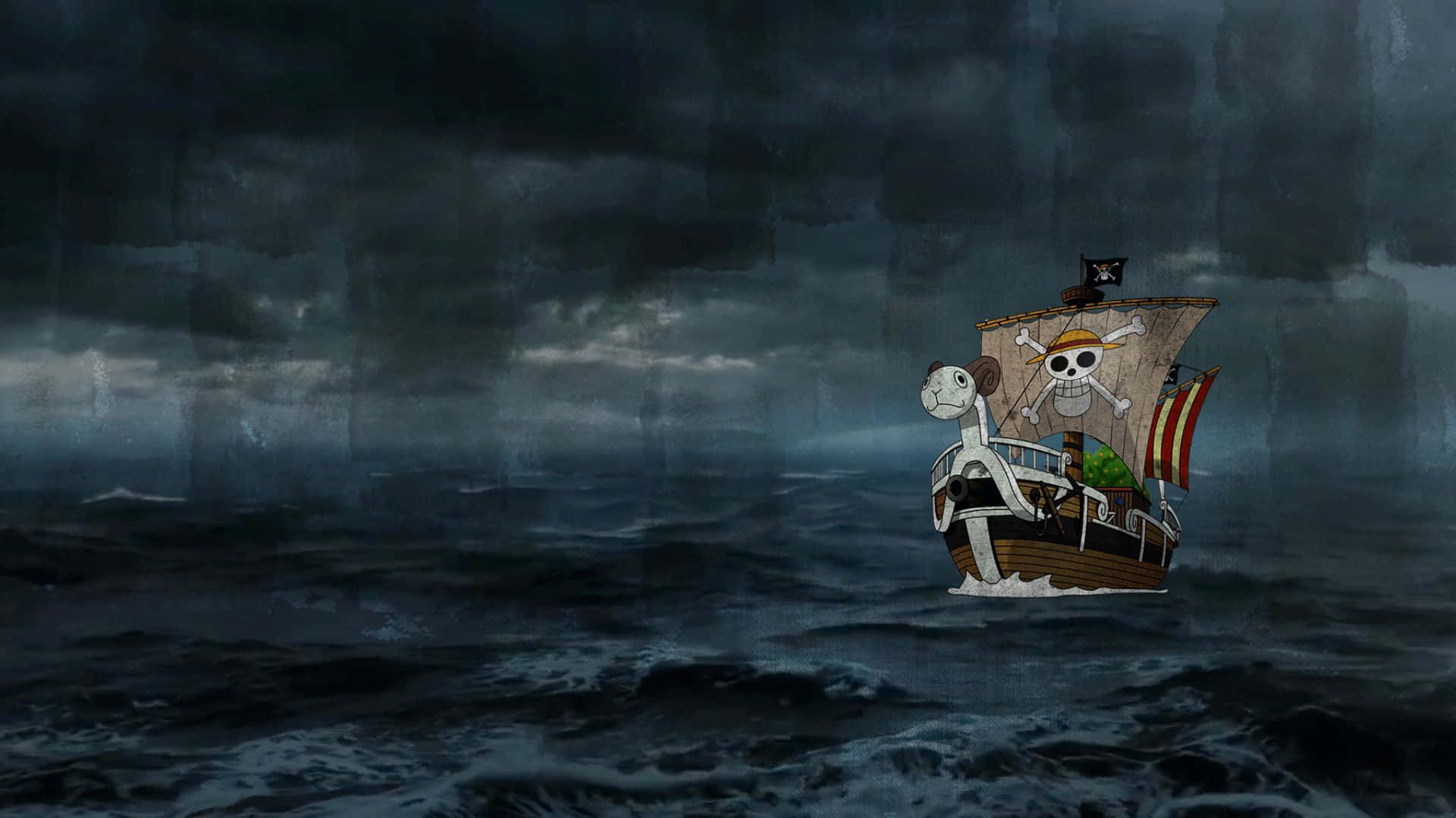 Going Merry, skull flag, dark stormy seas, Full HD Desktop Wallpaper