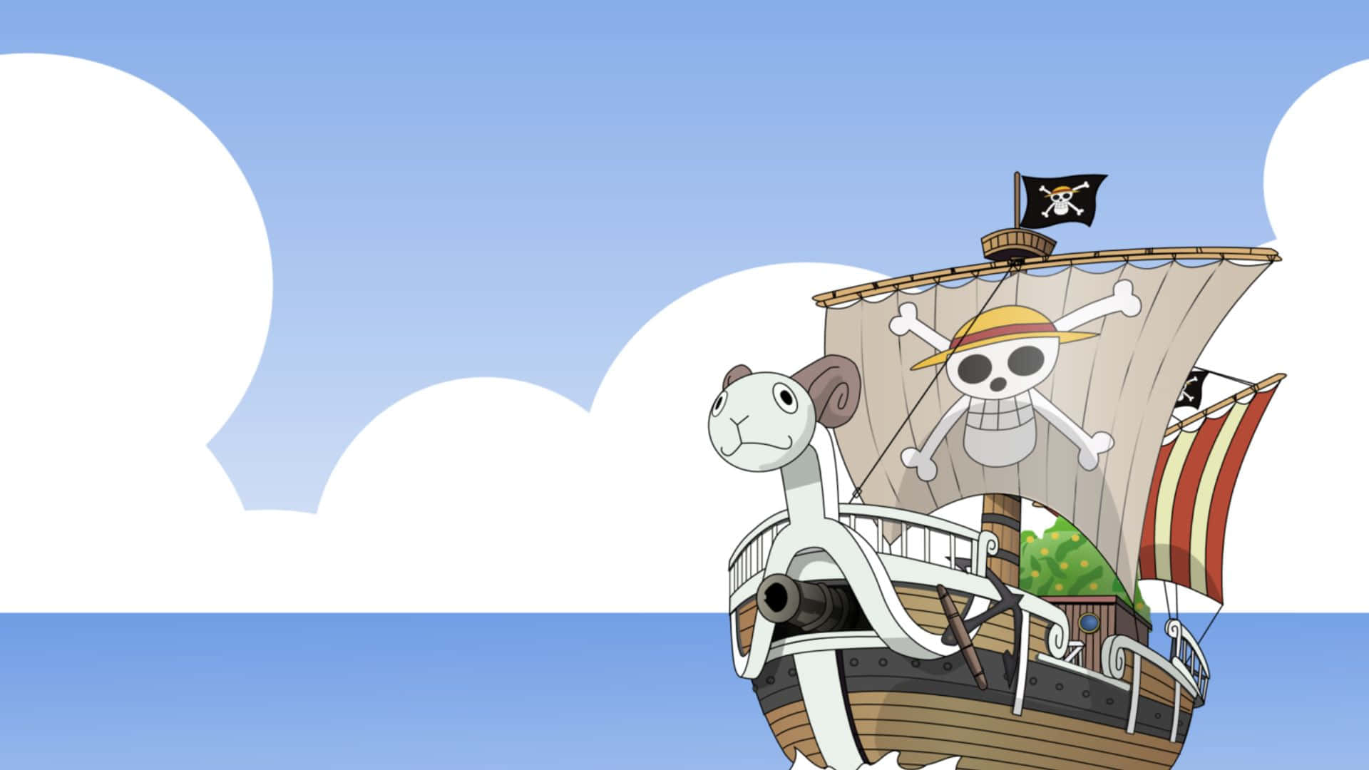 Going Merry, skull flag, calm blue waters, Full HD Desktop Wallpaper