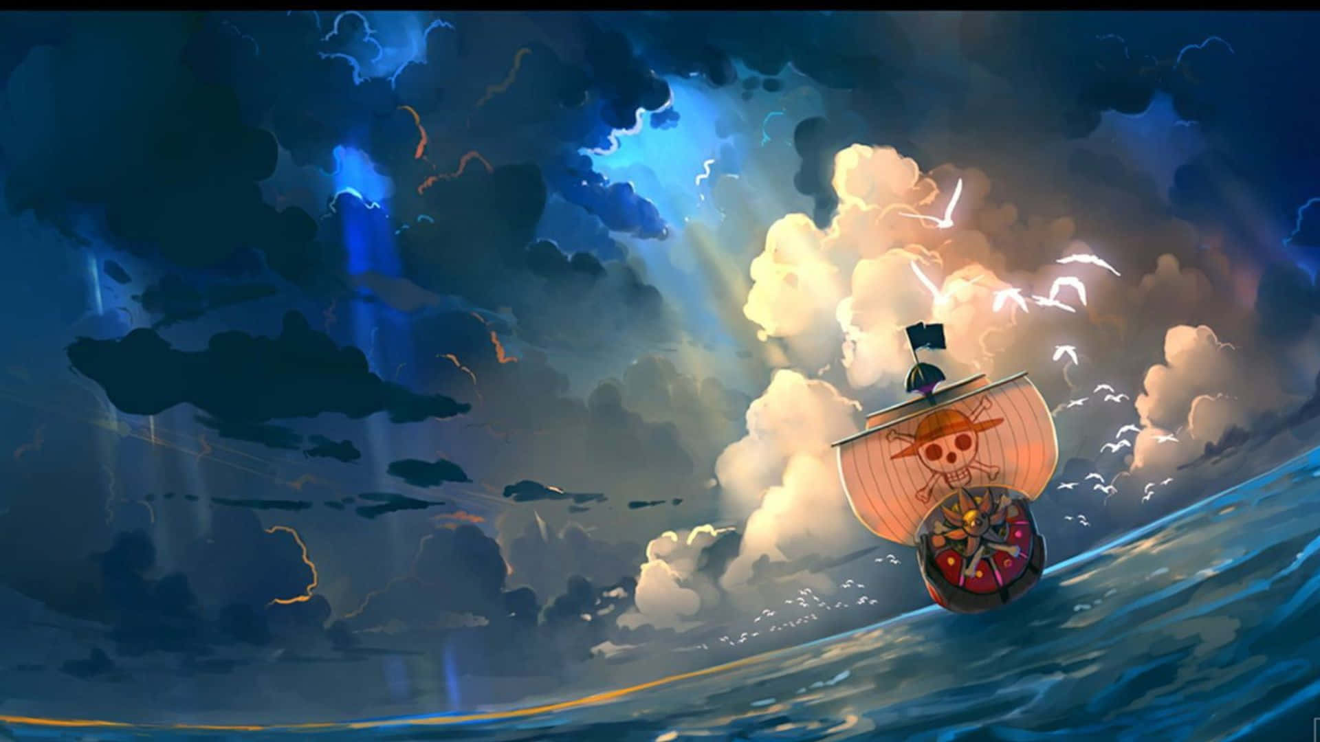 Going Merry, skull flag, stormy seas, Full HD Desktop Wallpaper
