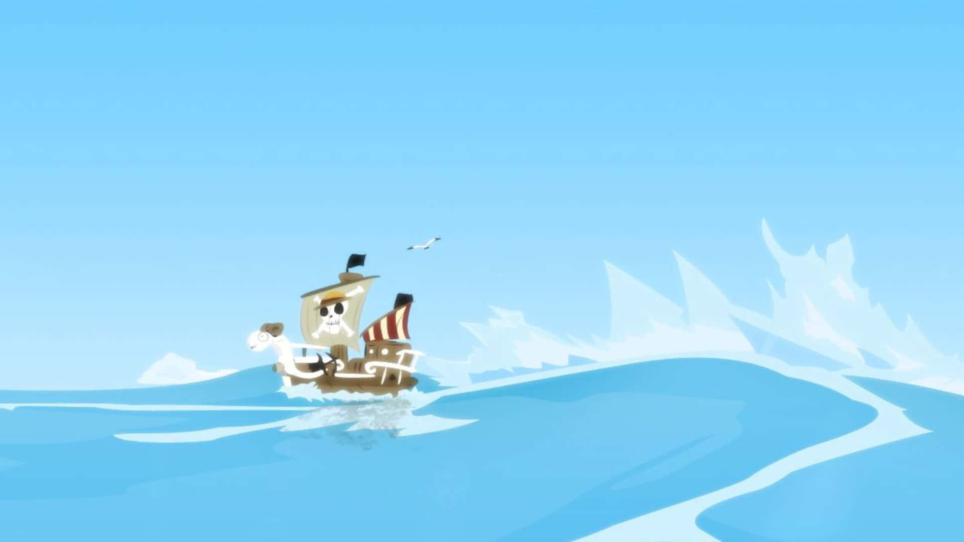 Going Merry, cartoon pirate ship, icy blue waters, Full HD Desktop Wallpaper