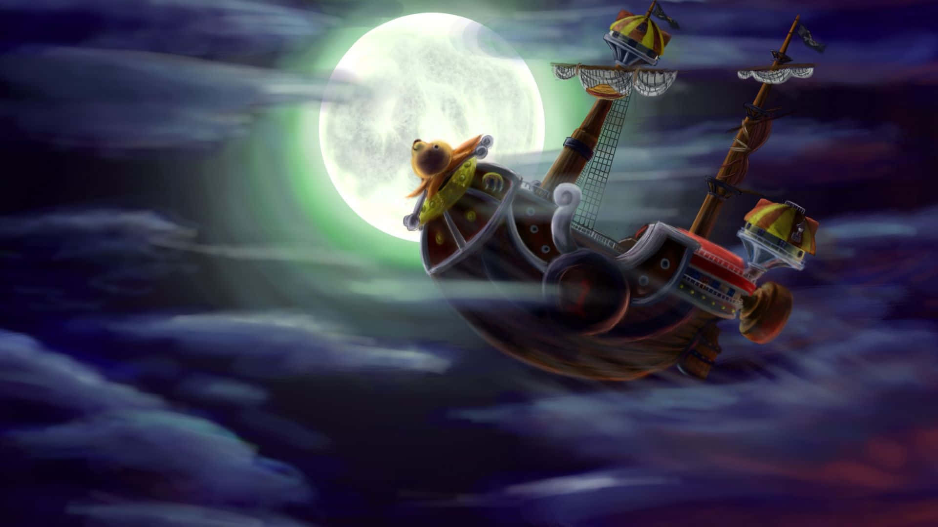 Going Merry, stormy night skies, glowing full moon, Full HD Desktop Wallpaper