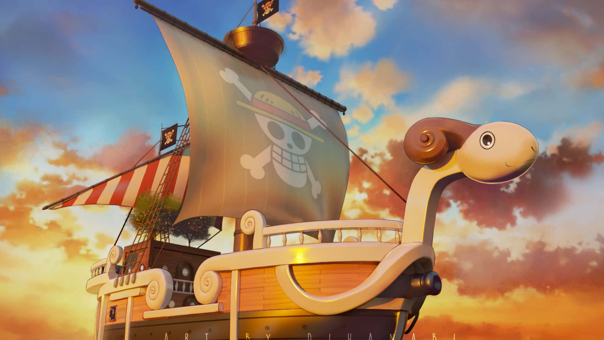 Going Merry, skull flag, vibrant sunset sky, Full HD Desktop Wallpaper